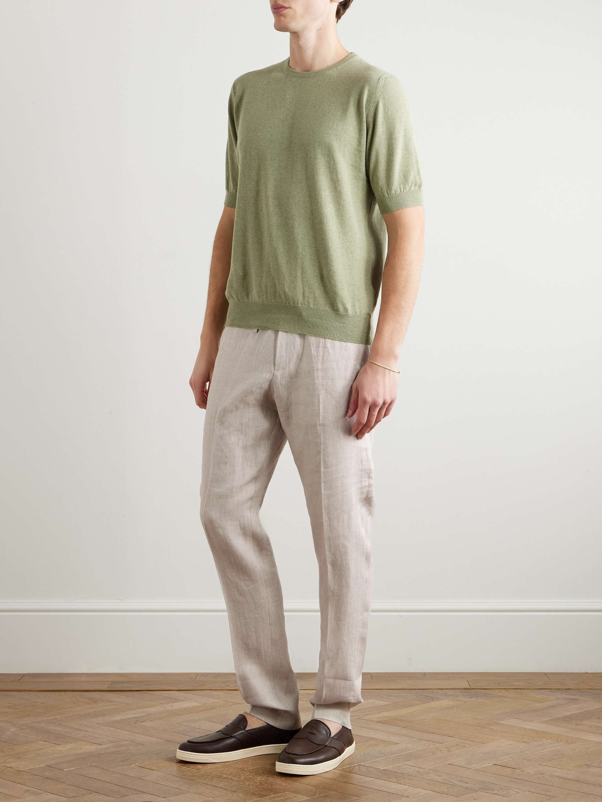 Straight-Leg Herringbone Linen Drawstring Trousers view