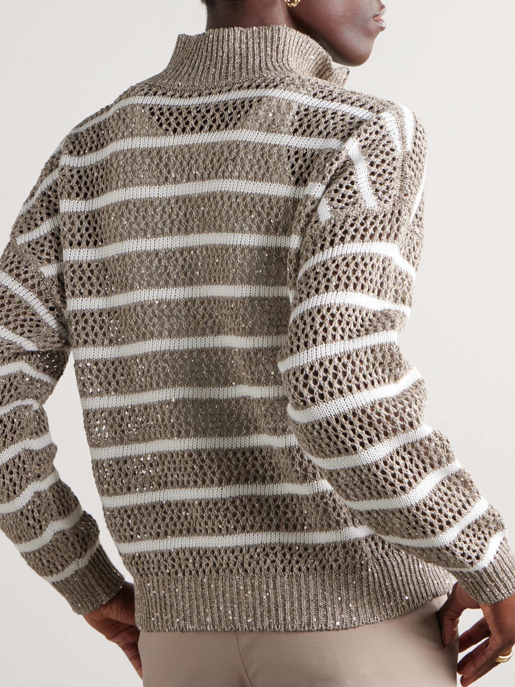 Sequined striped open-knit linen-blend cardigan view