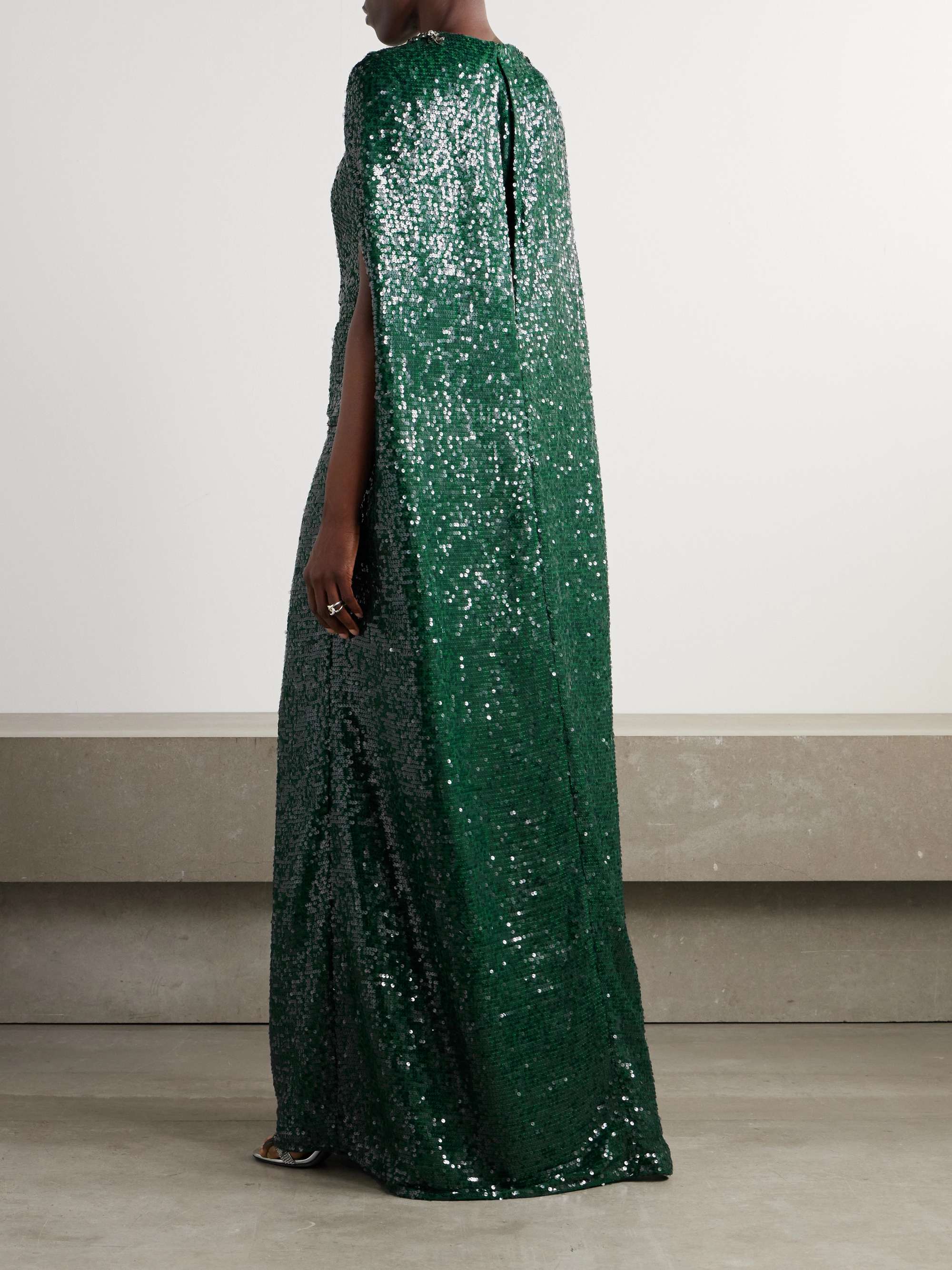 Cape-effect crystal-embellished sequined crepe gown view