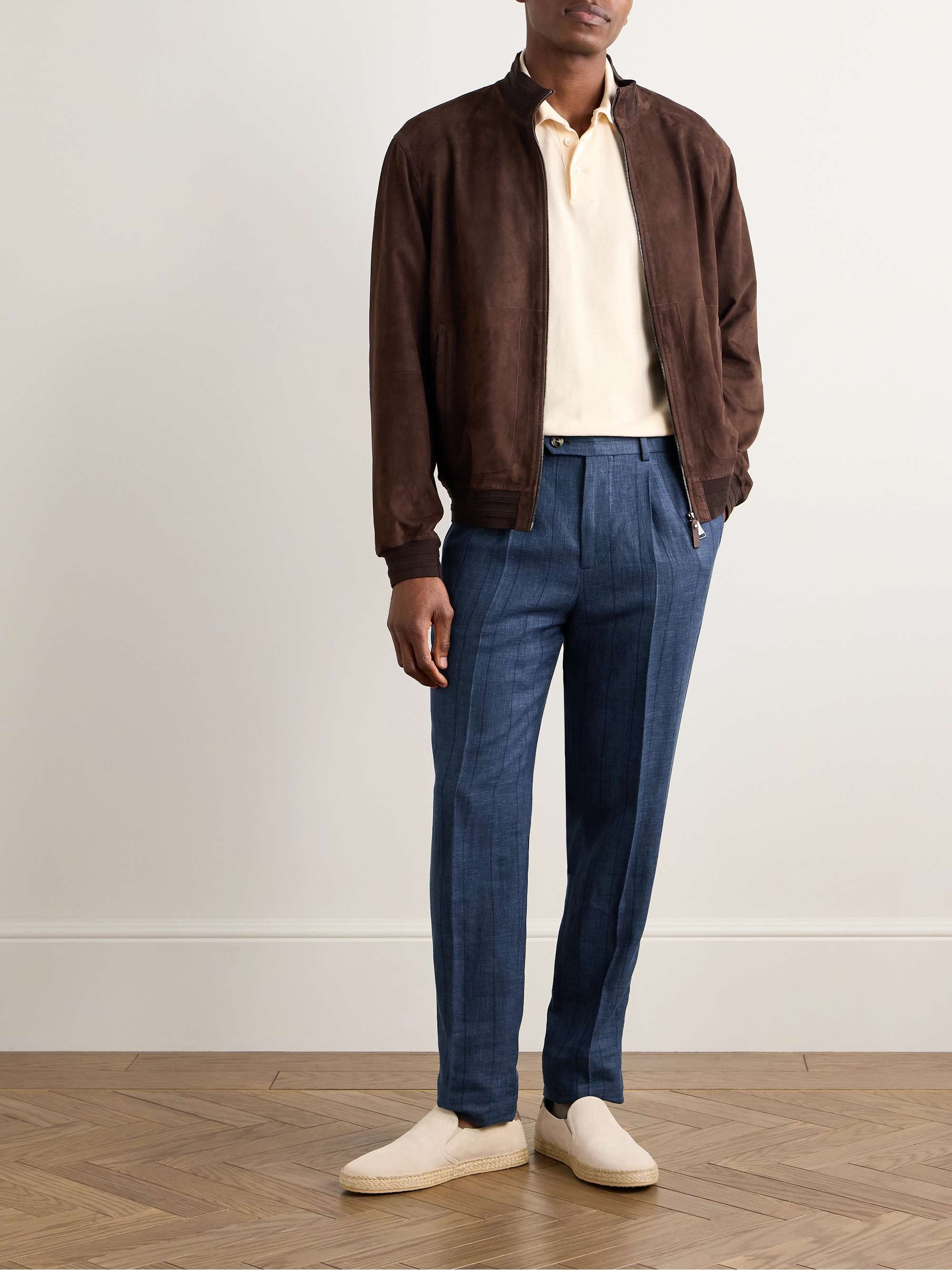 Slim-Fit Pleated Striped Wool, Linen and Silk-Blend Suit Trousers view