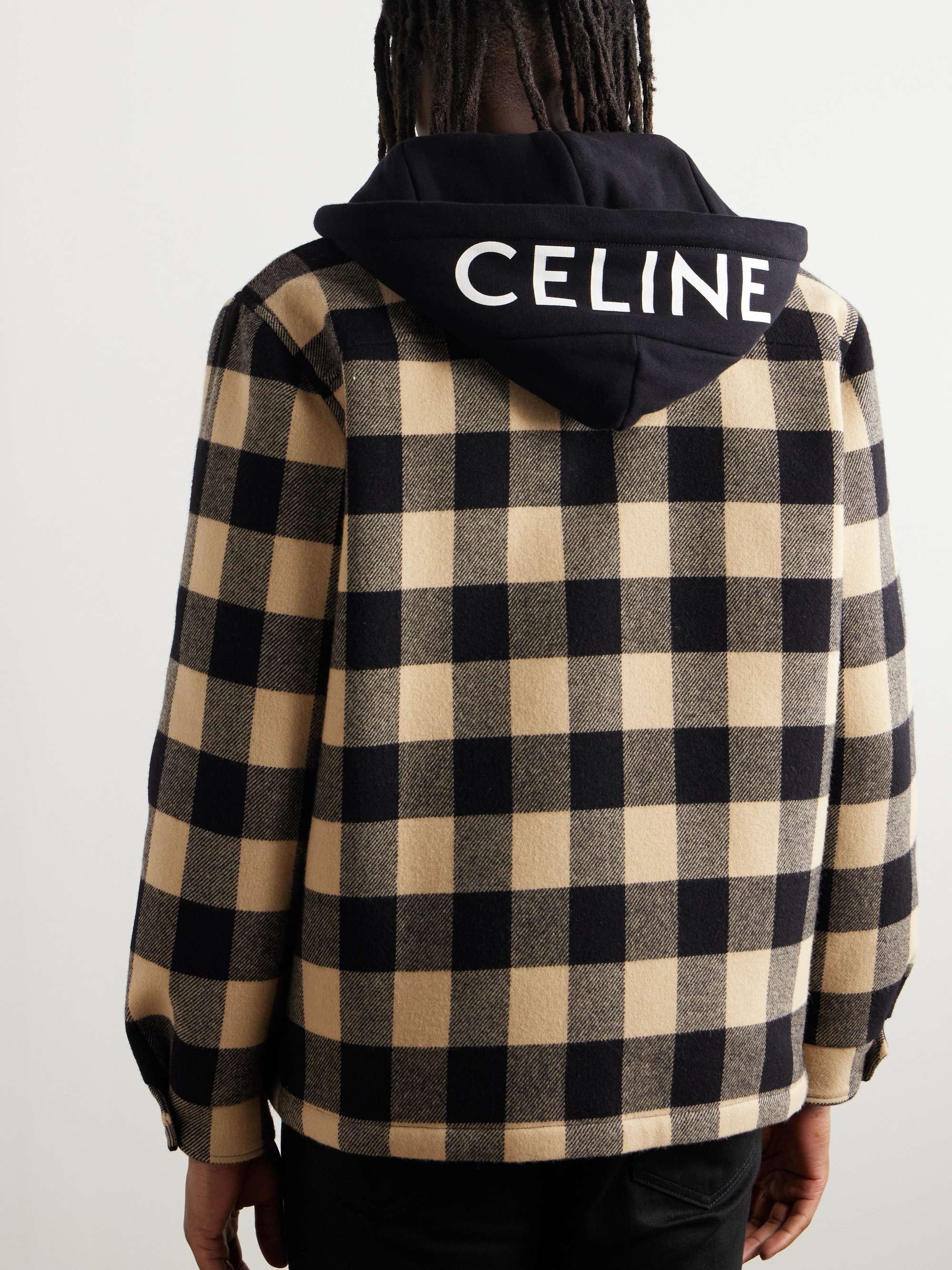 Logo-Print Cotton Jersey-Trimmed Padded Checked Wool Hooded Overshirt view