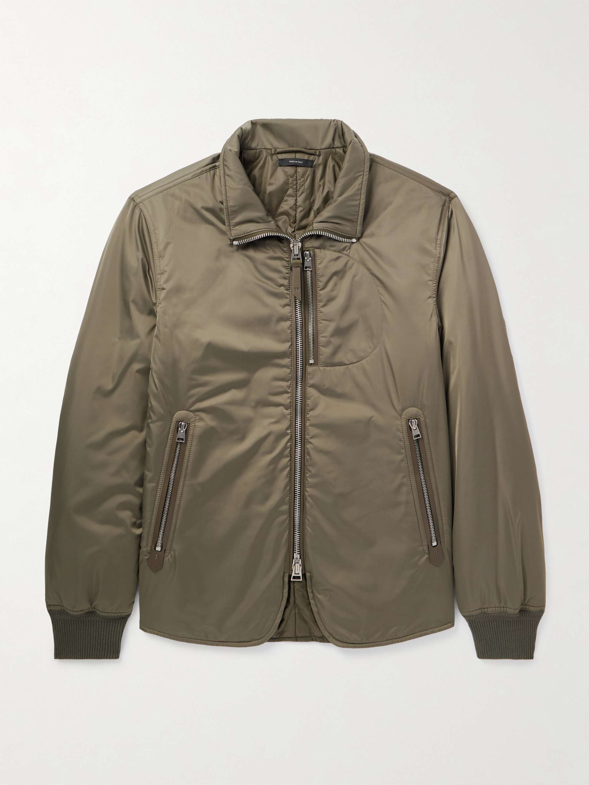 Padded Leather-Trimmed Satin Bomber Jacket view