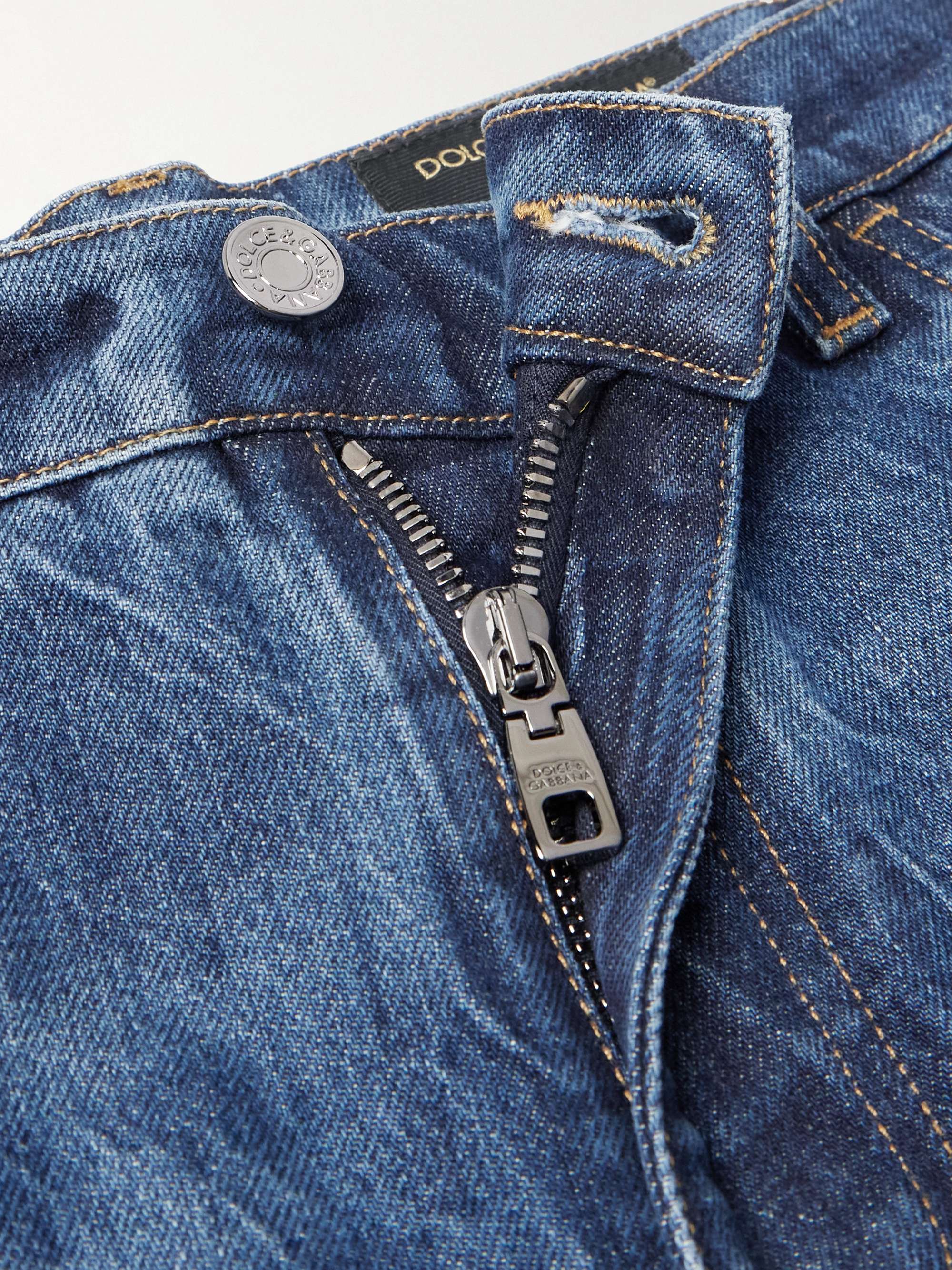Slim-Fit Tapered Logo-Embroidered Distressed Jeans view