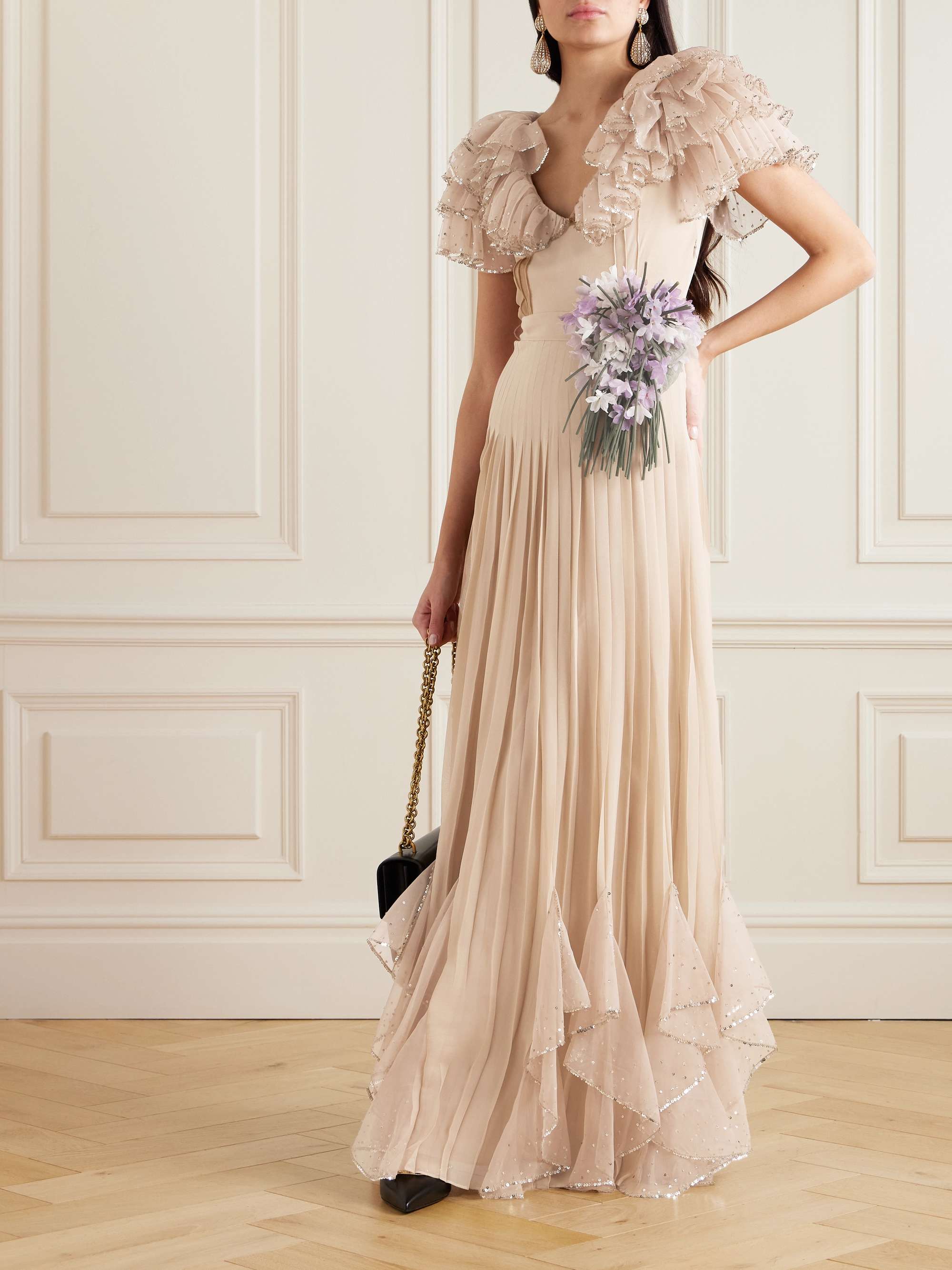 Belted ruffled embellished silk-georgette gown view