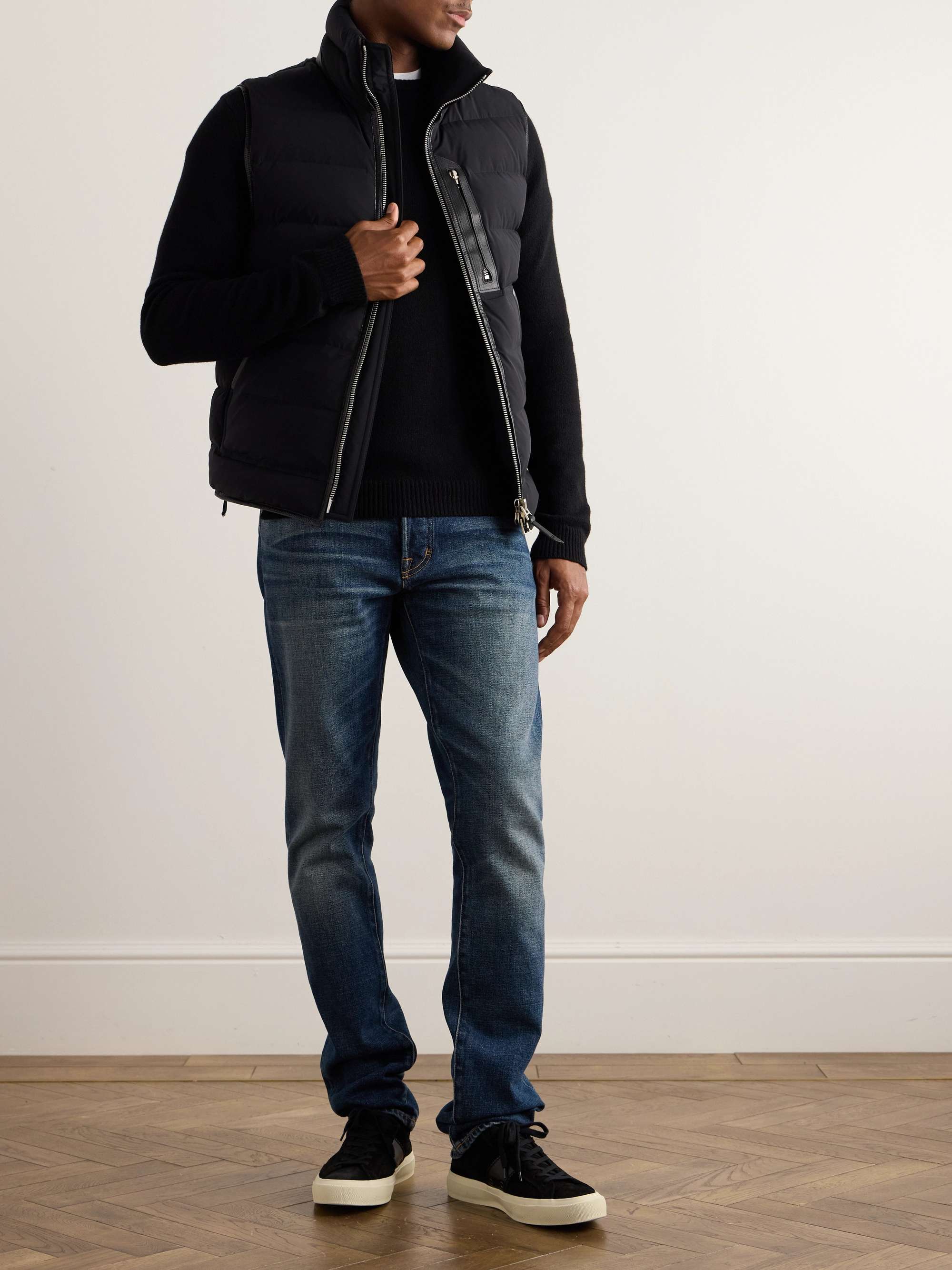 Slim-Fit Full-Grain Leather-Trimmed Quilted Stretch-Shell Down Gilet view