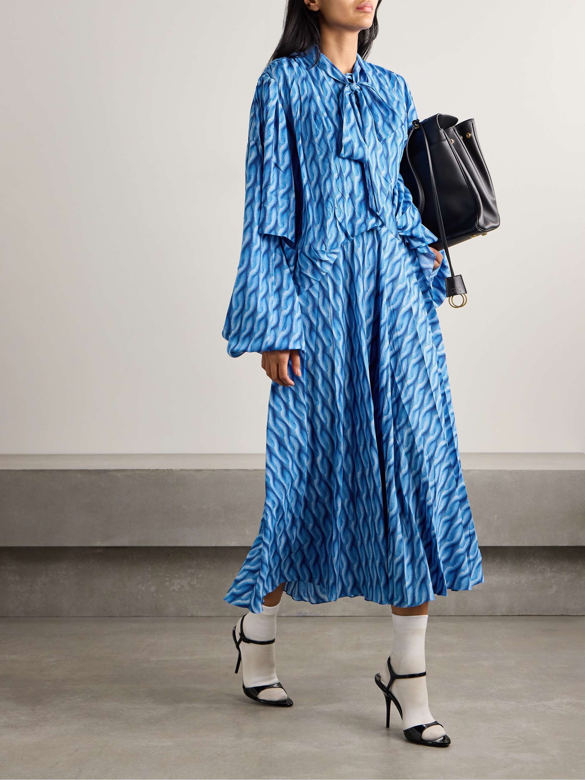 Pussy-bow printed crepe de chine midi shirt dress view