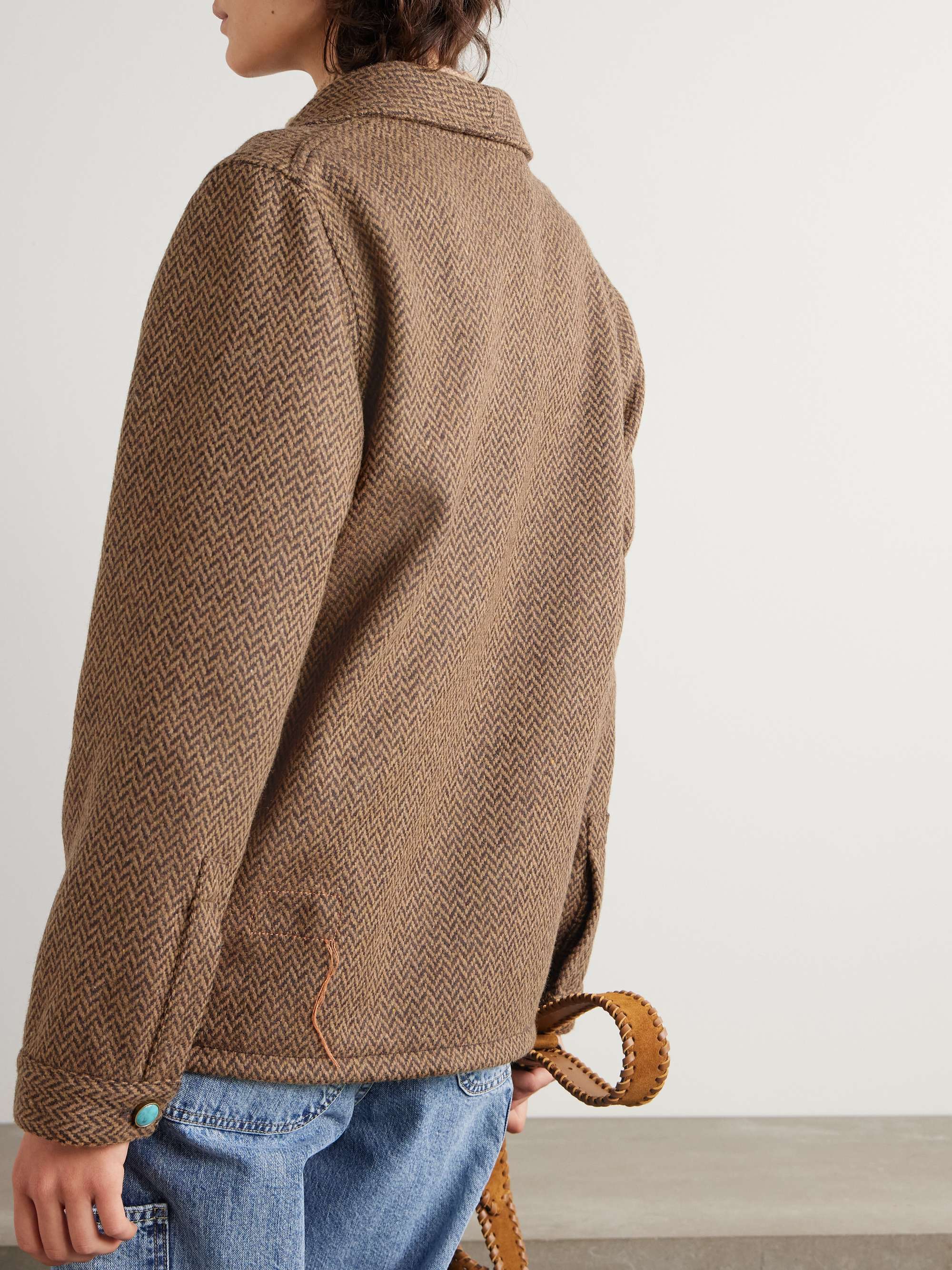 Turquoise-embellished herringbone wool-blend tweed jacket view