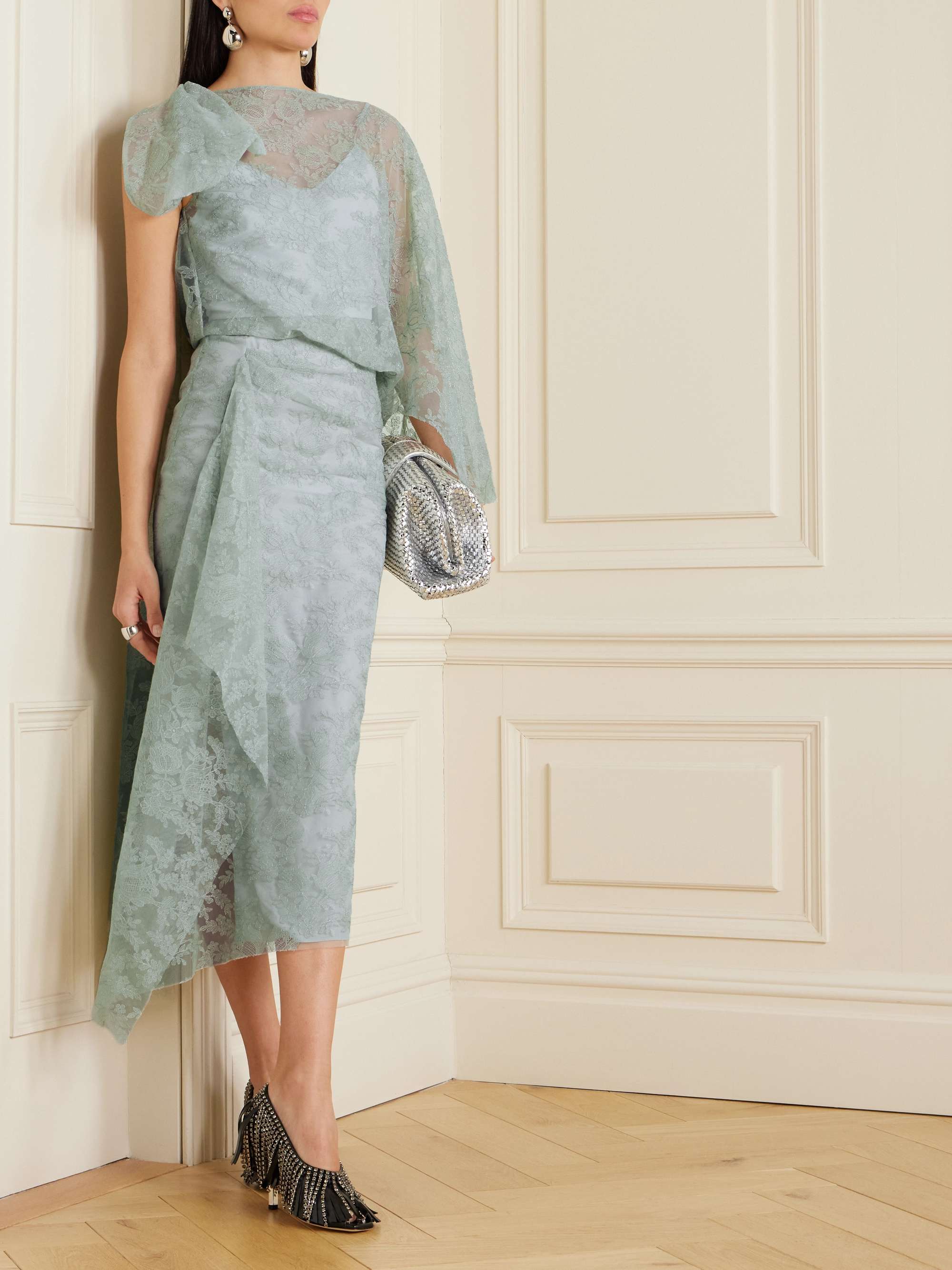 Asymmetric draped crepon-trimmed embroidered tulle midi dress view
