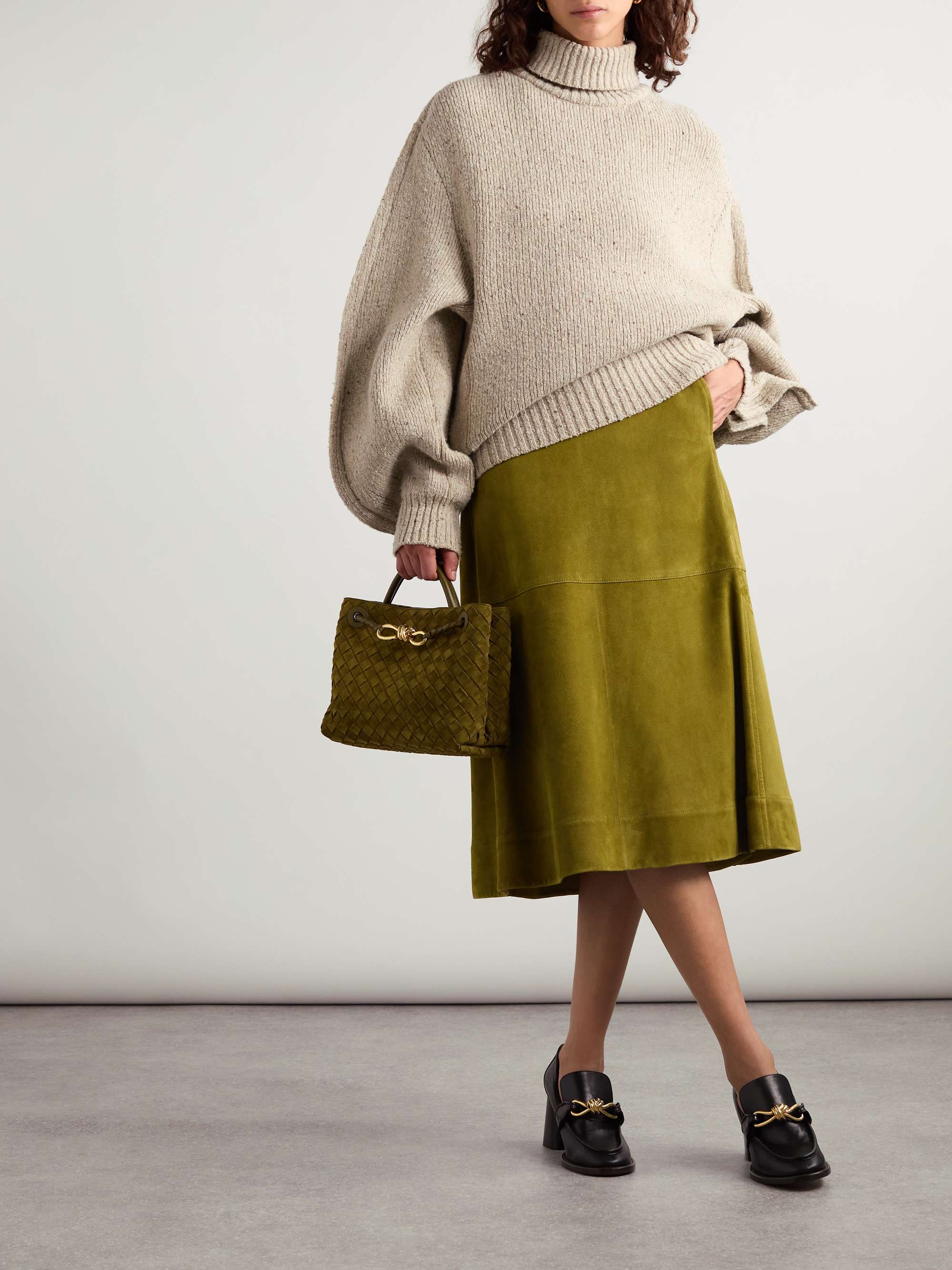 Pleated paneled suede midi skirt view