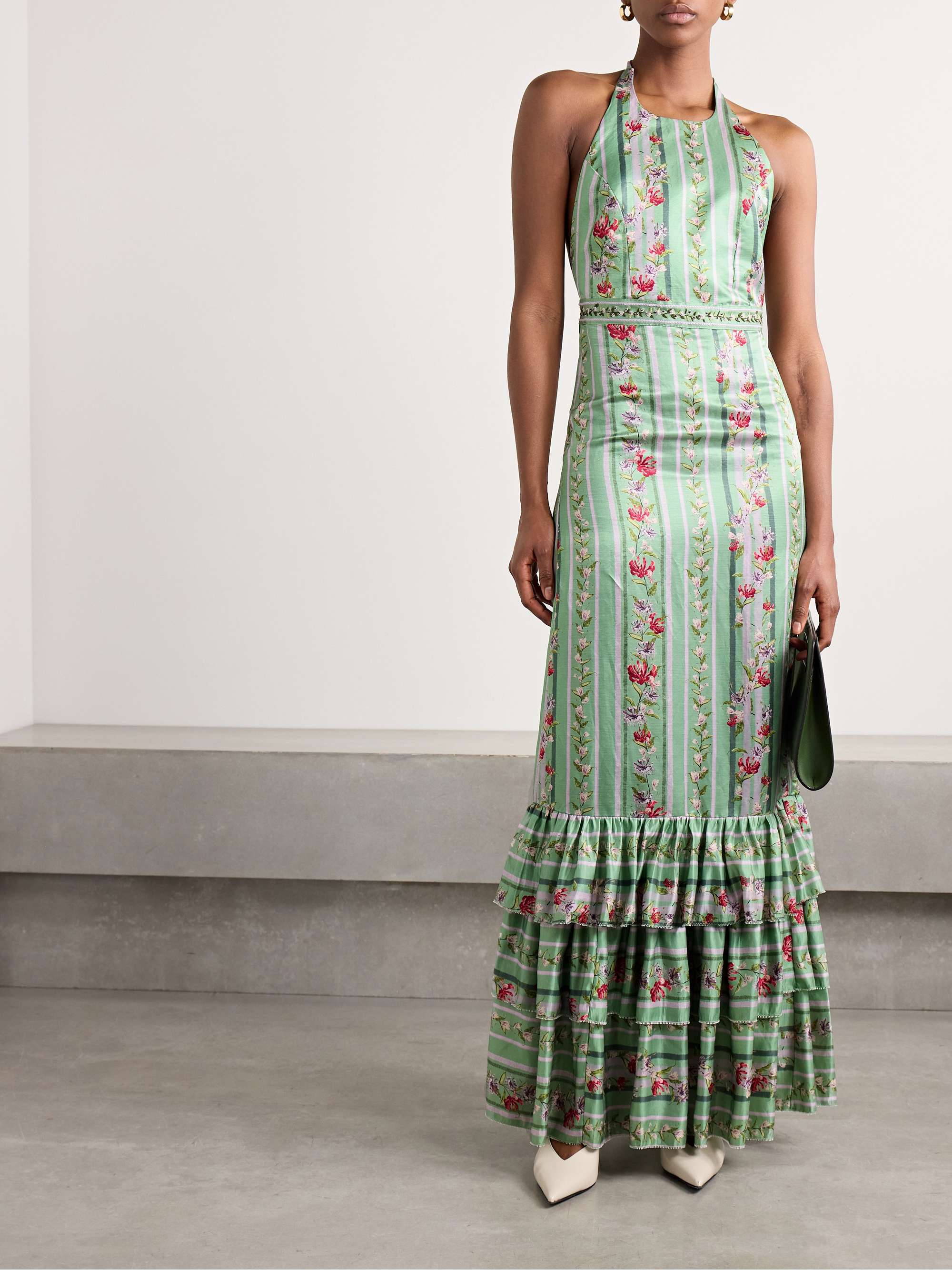 Magnolia Honeysuckle tiered embroidered floral-print linen and silk-blend halterneck maxi dress view