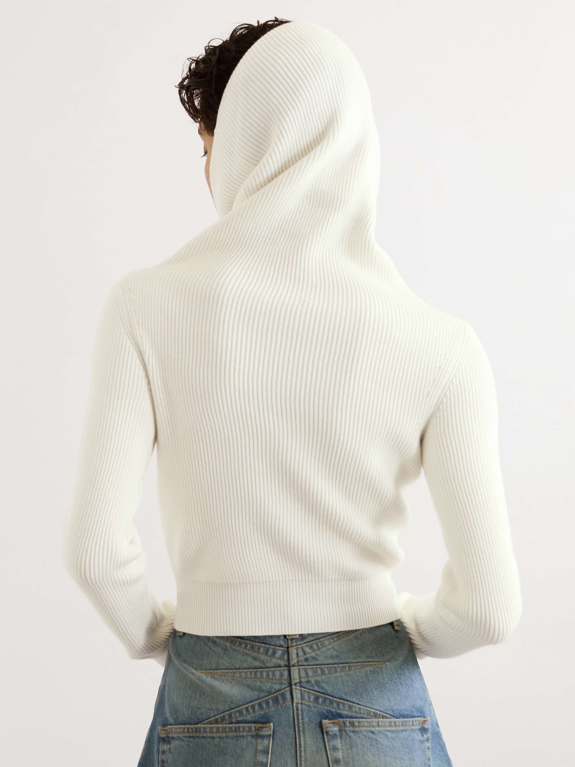 Hooded cropped ribbed wool-blend sweater view