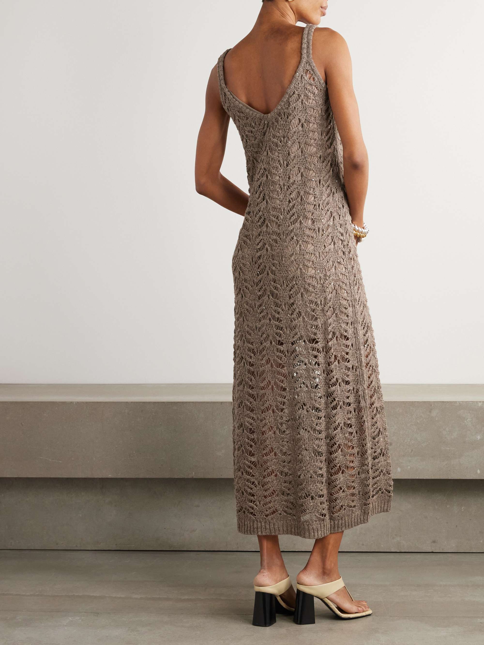 Sequin-embellished open-knit linen-blend midi dress view