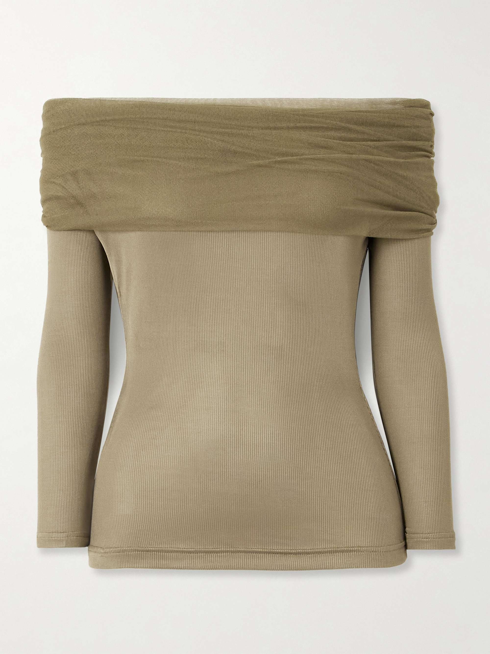 Veiled draped off-the-shoulder ribbed jersey and silk-tulle top view