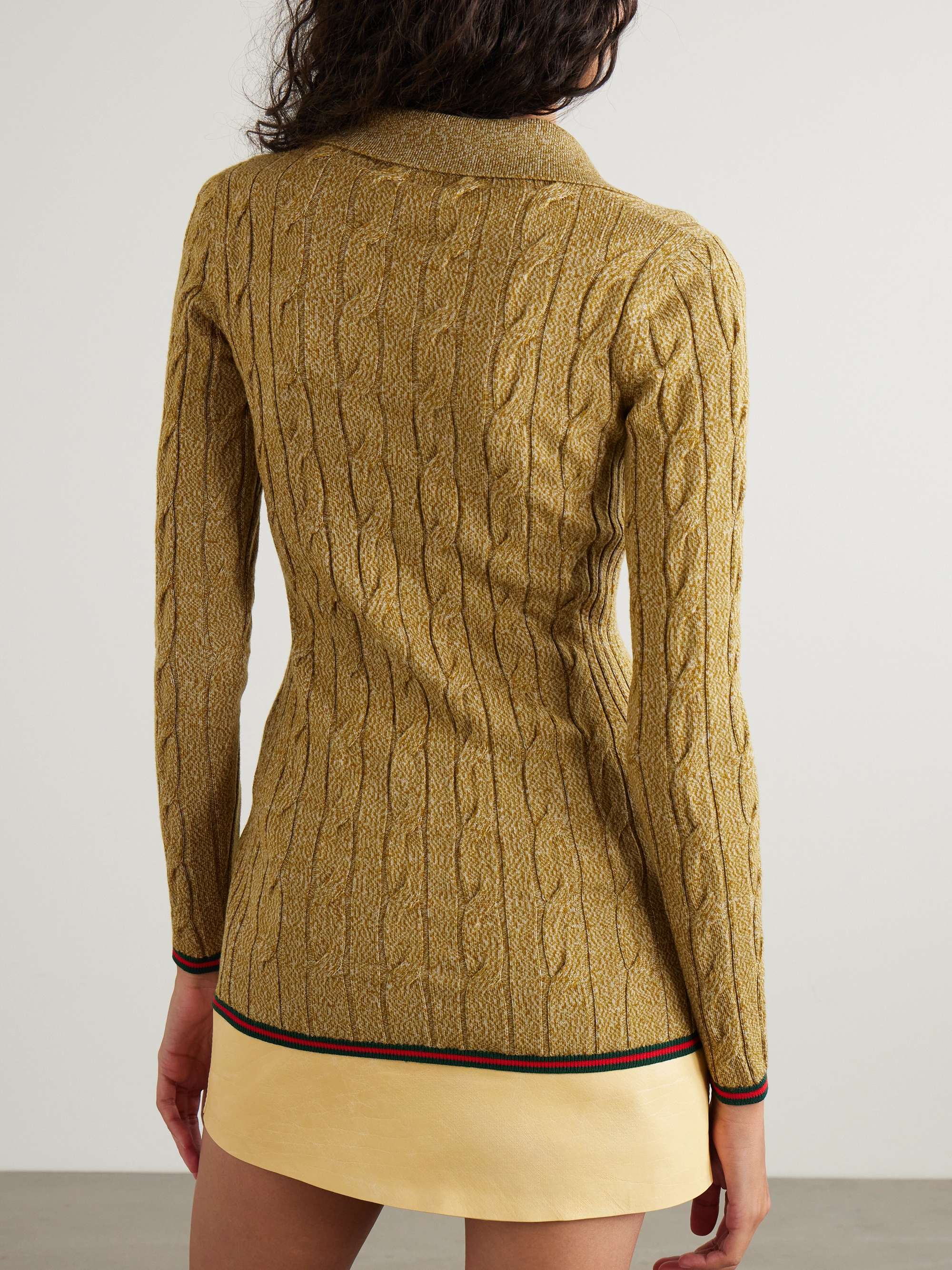 Striped webbing-trimmed cable-knit wool polo shirt view