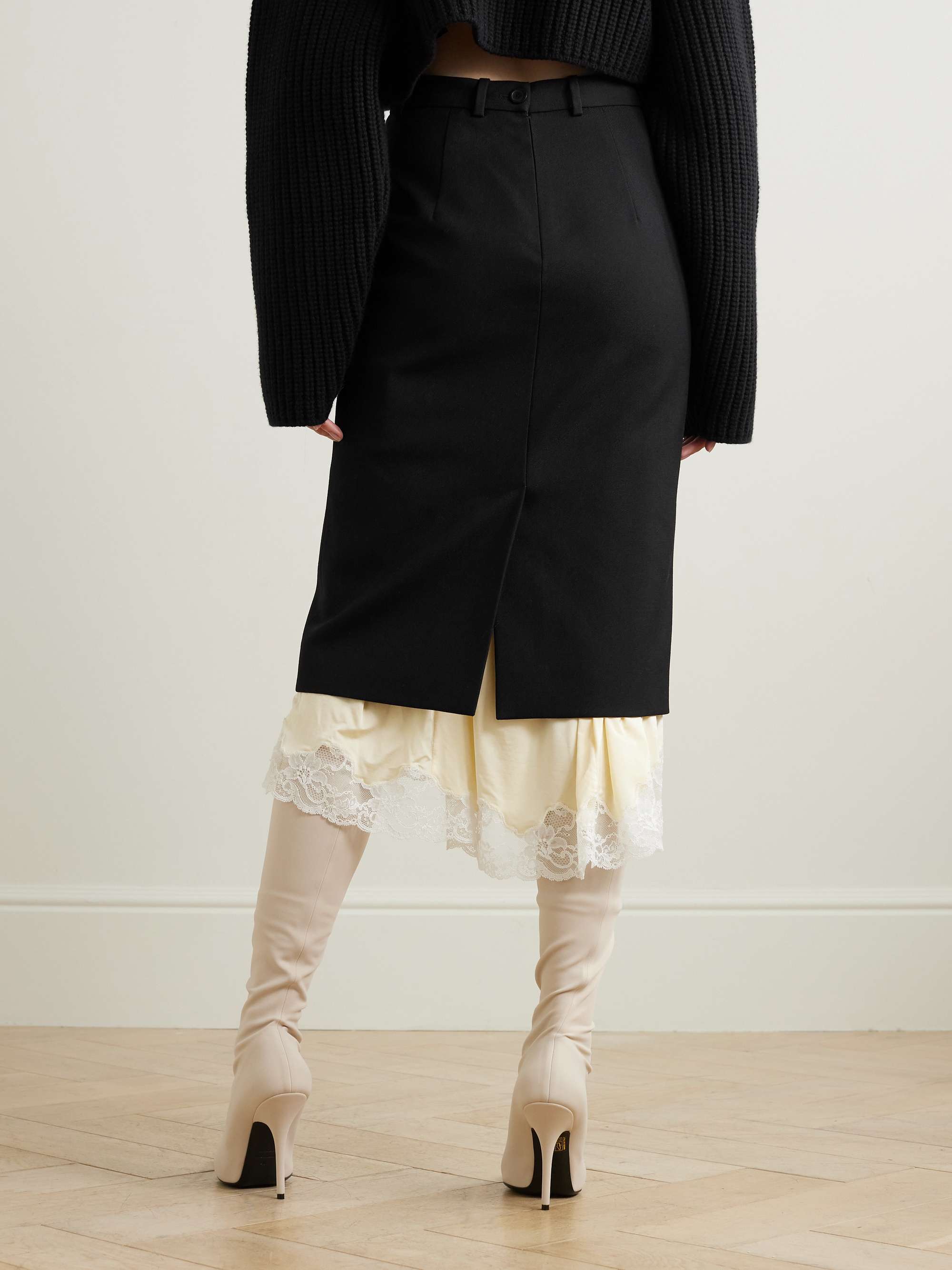 Stretch-jersey and lace-trimmed wool-gabardine midi skirt view