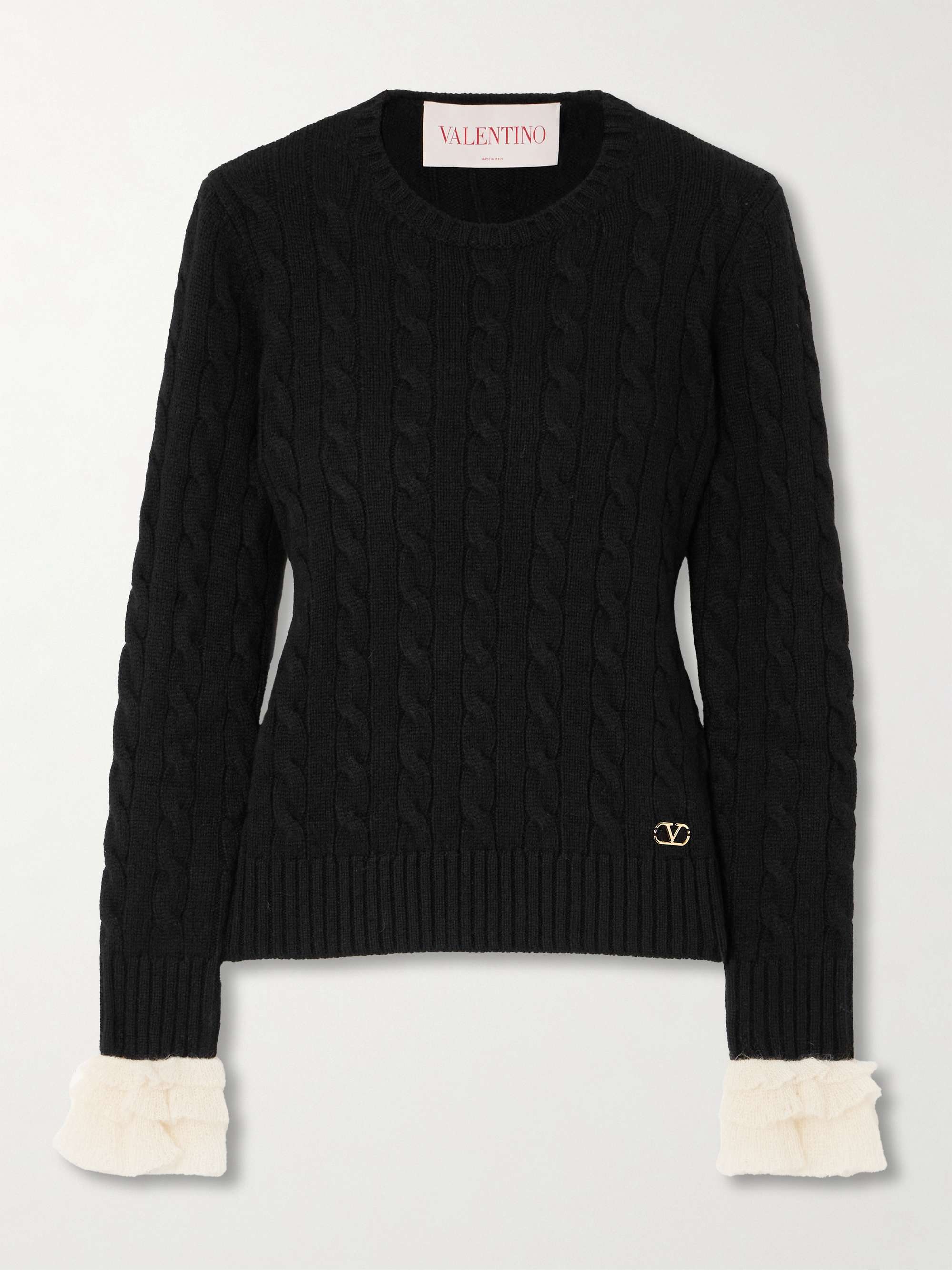 Ruffle-trimmed embellished cable-knit cashmere sweater view