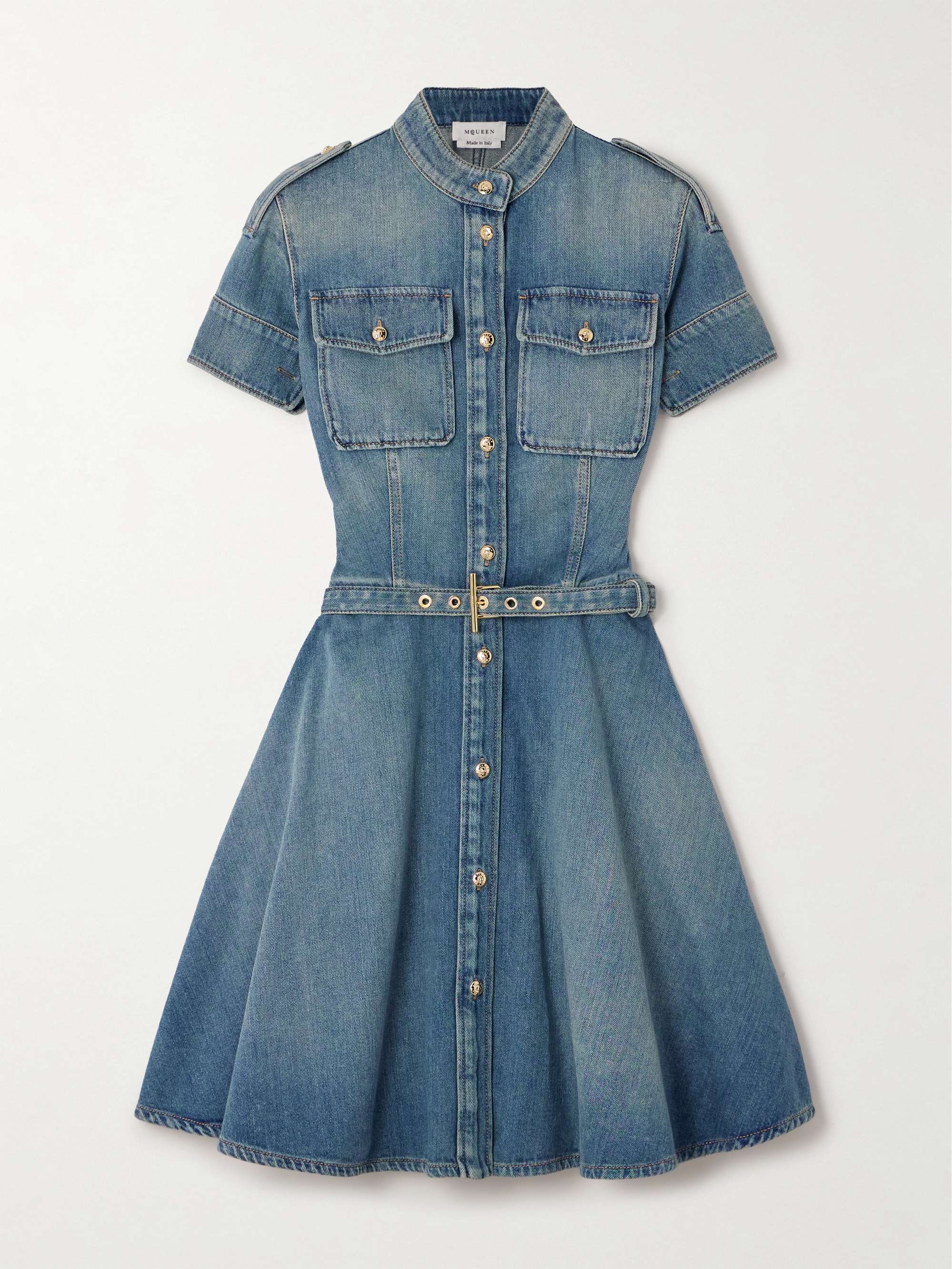 Belted denim mini dress view