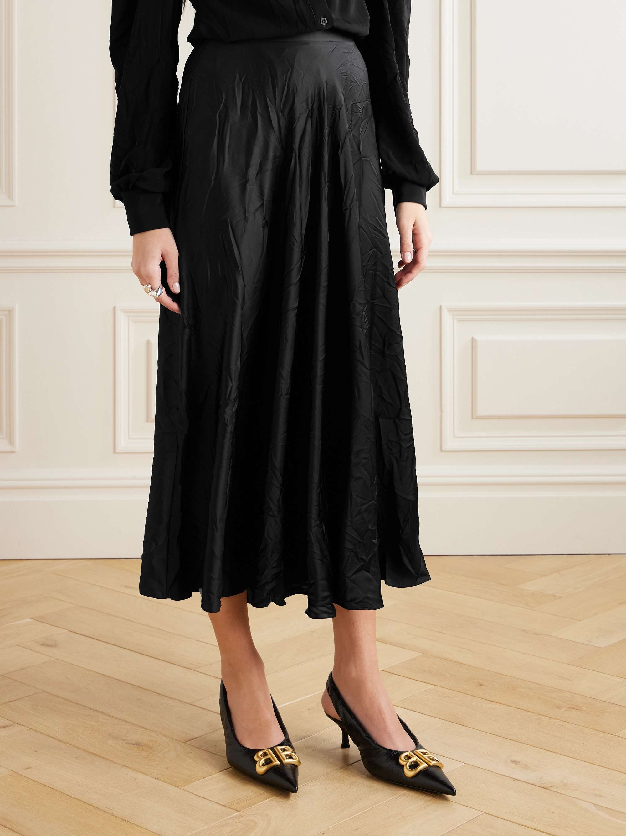 Pleated crinkled-satin midi skirt view