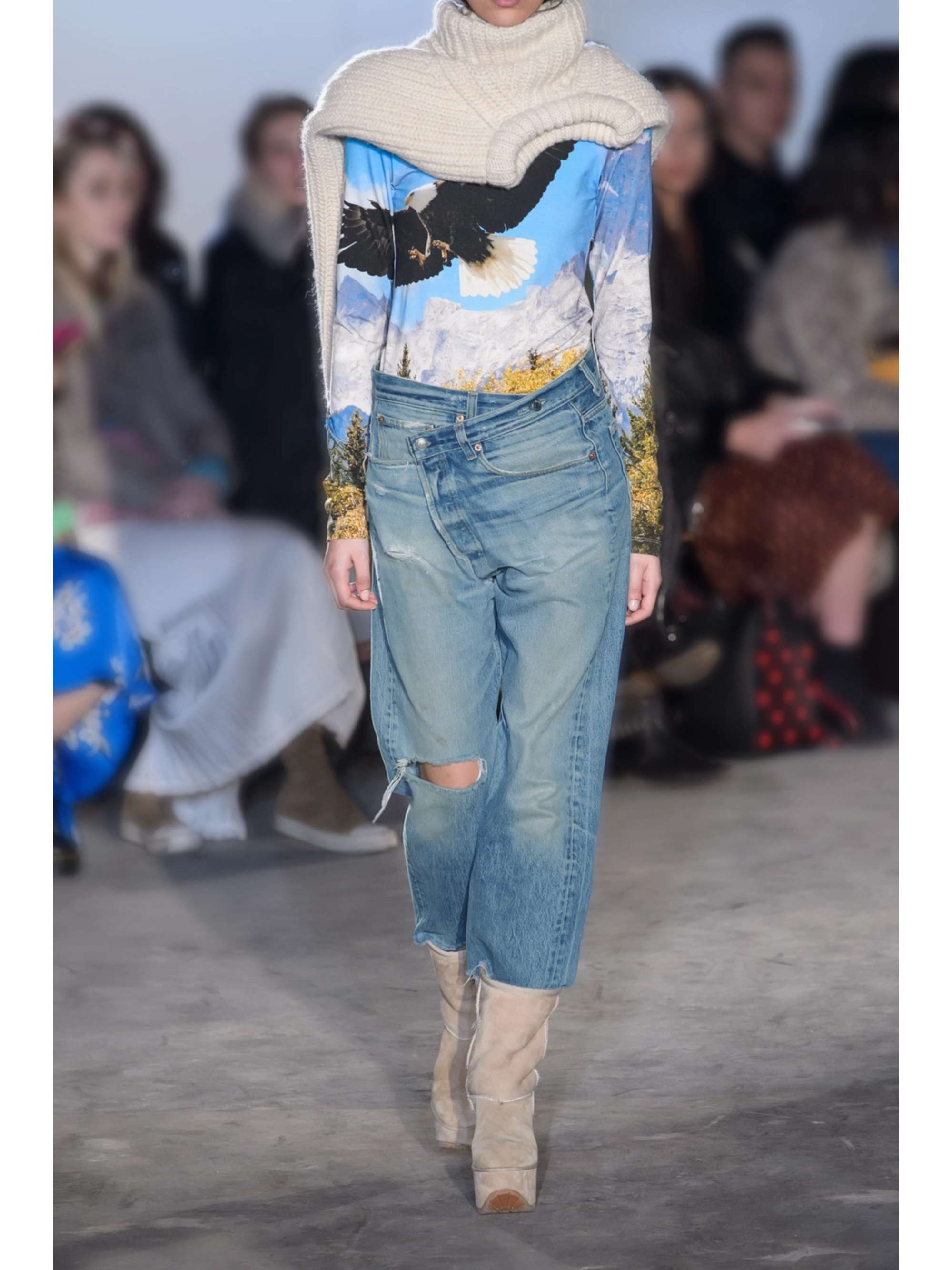 Crossover asymmetric distressed high-rise wide-leg jeans view