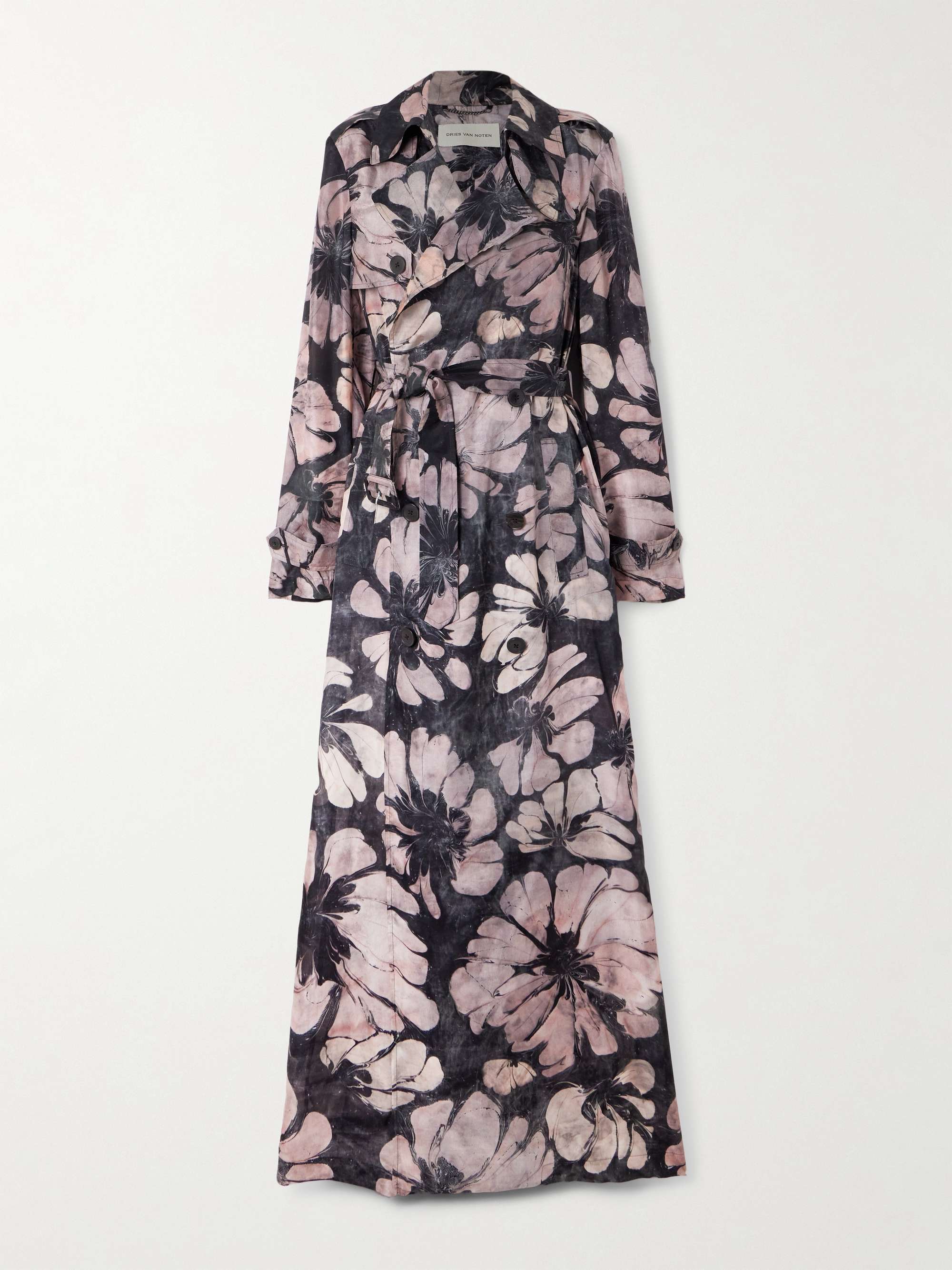 Double-breasted floral-print silk trench coat view
