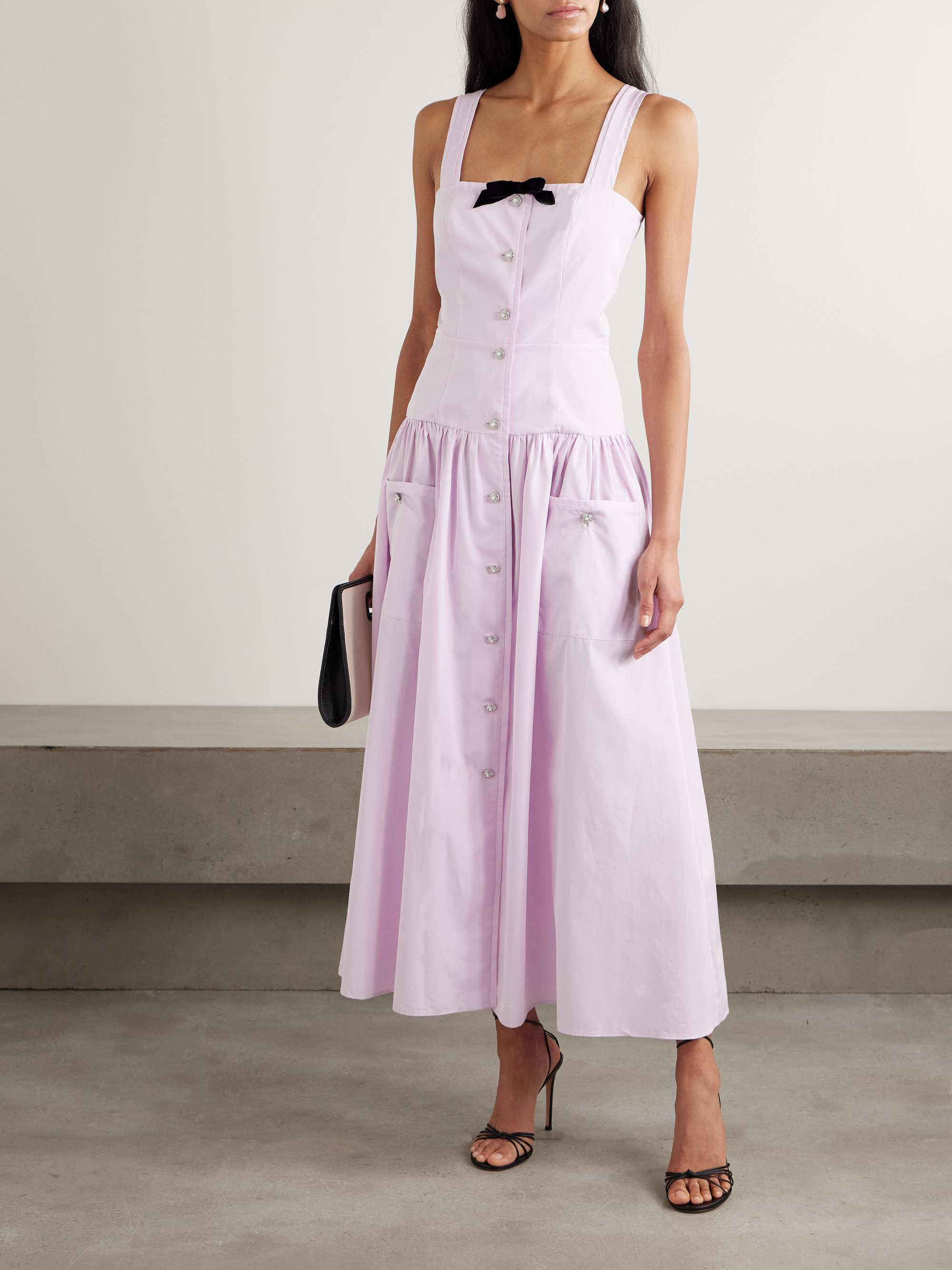 Bow-detailed velvet-trimmed gathered cotton-poplin midi dress view