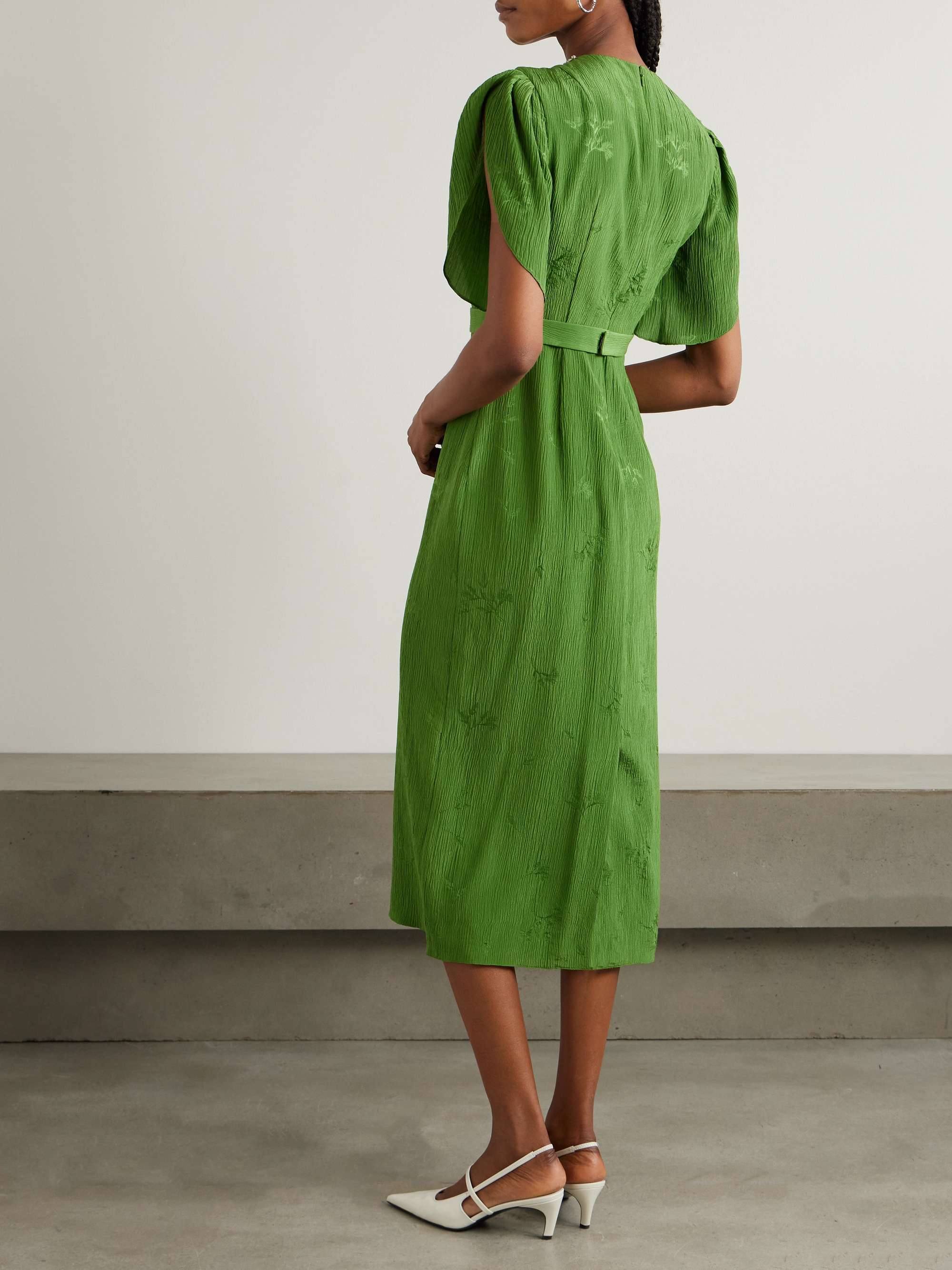 Belted embellished crinkled silk and cotton-blend jacquard midi dress view
