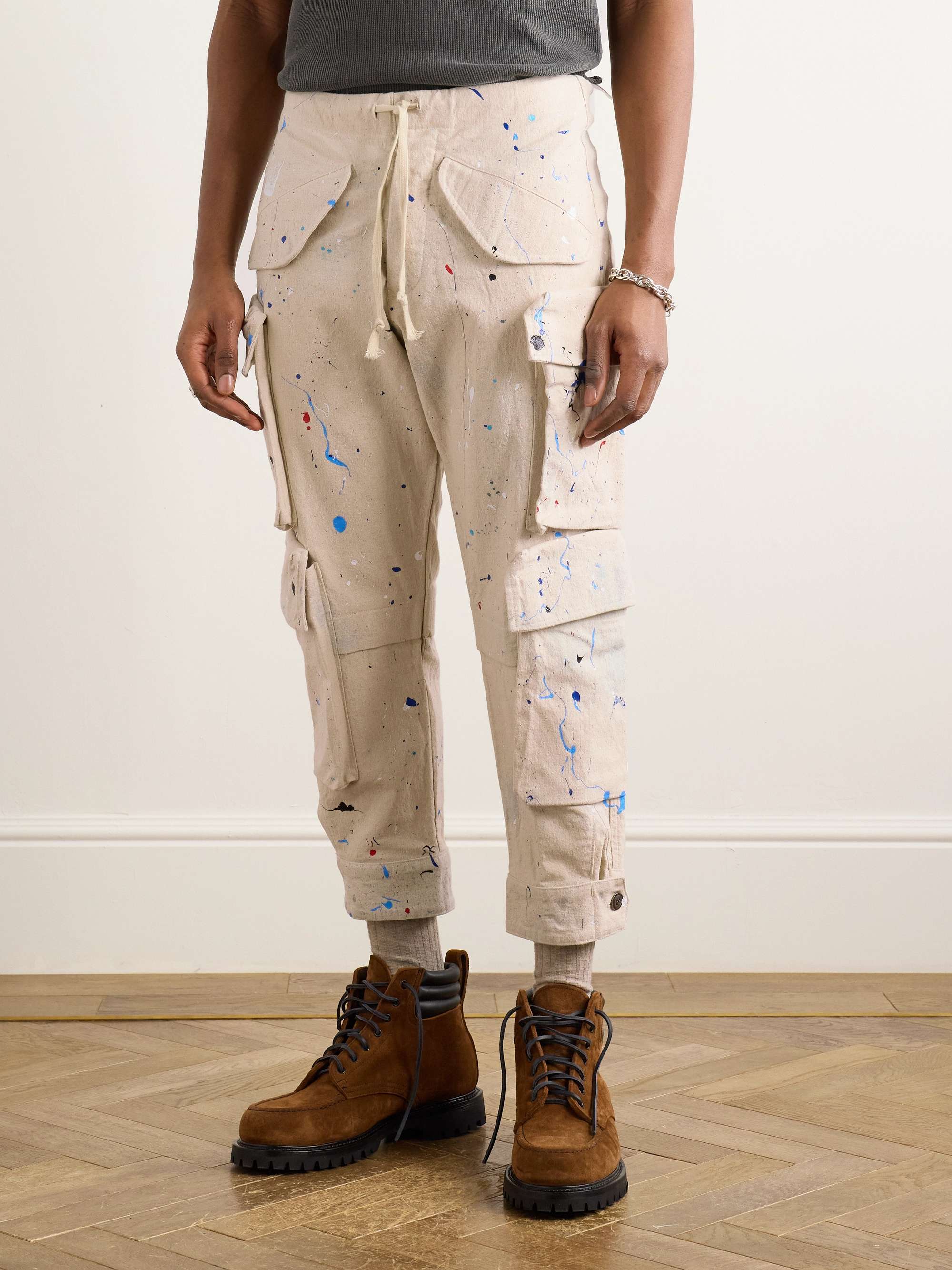 Tapered Cropped Paint-Splattered Cotton-Canvas Drawstring Cargo Trousers view