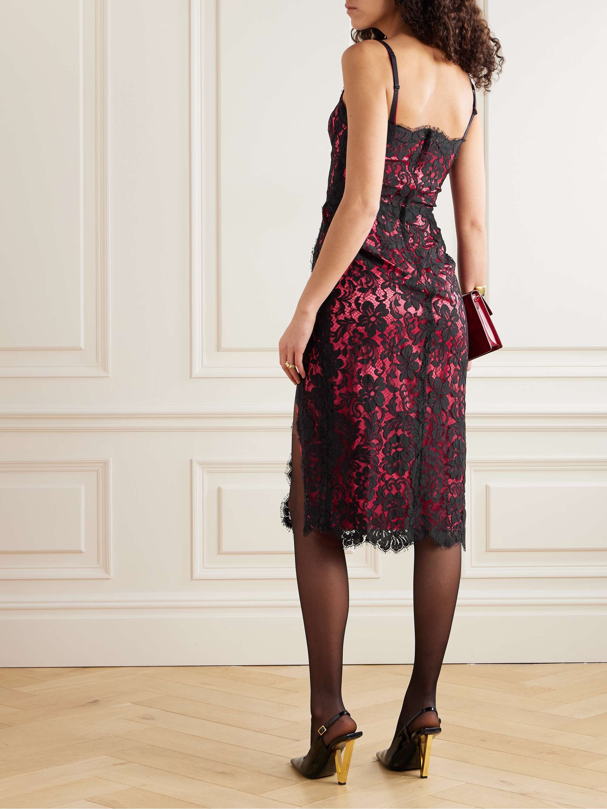 Layered cotton-blend lace and stretch-silk satin bustier midi dress view