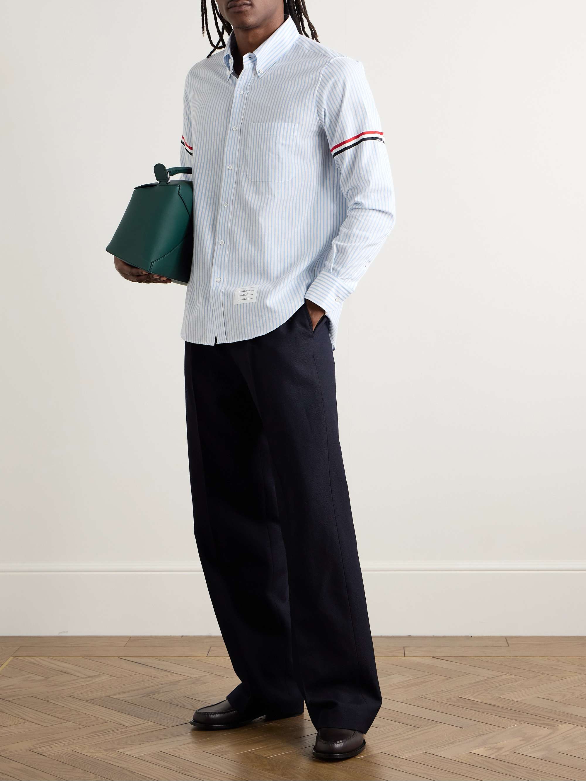 Button-Down Collar Grosgrain-Trimmed Striped Cotton-Voile Shirt view
