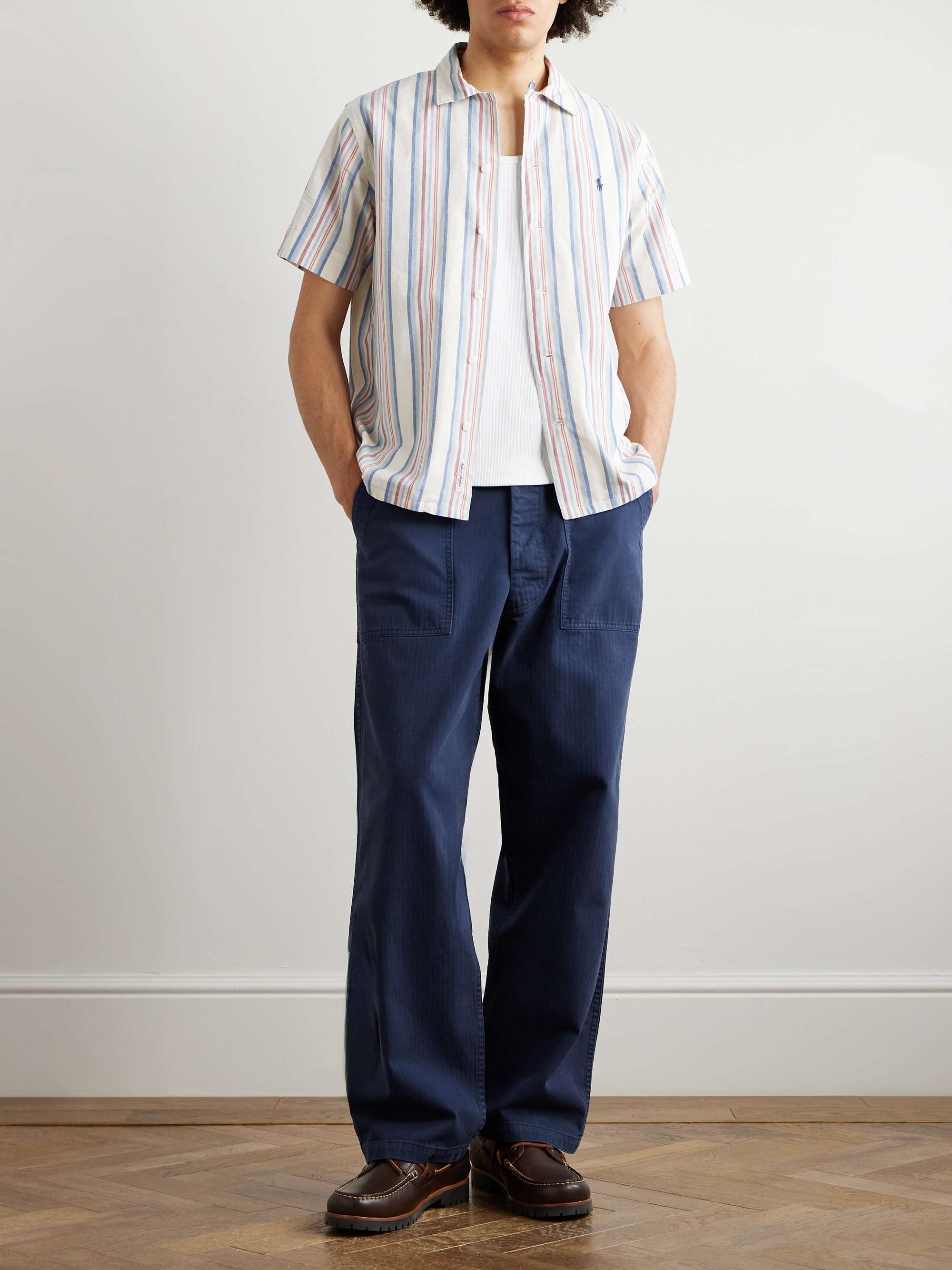 Convertible-Collar Logo-Embroidered Striped Cotton-Chambray Shirt view