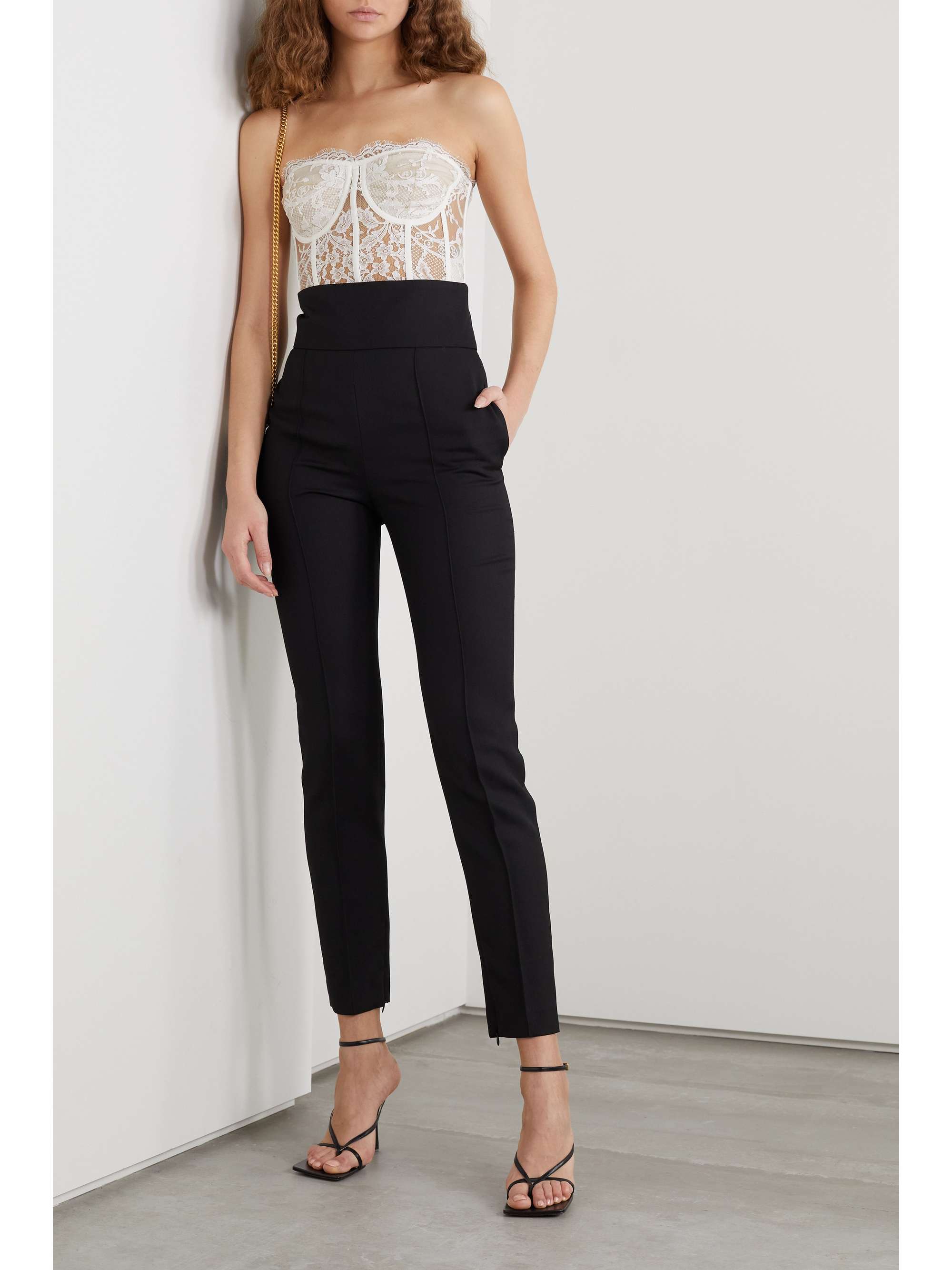Satin-trimmed cotton-blend corded lace bustier top view
