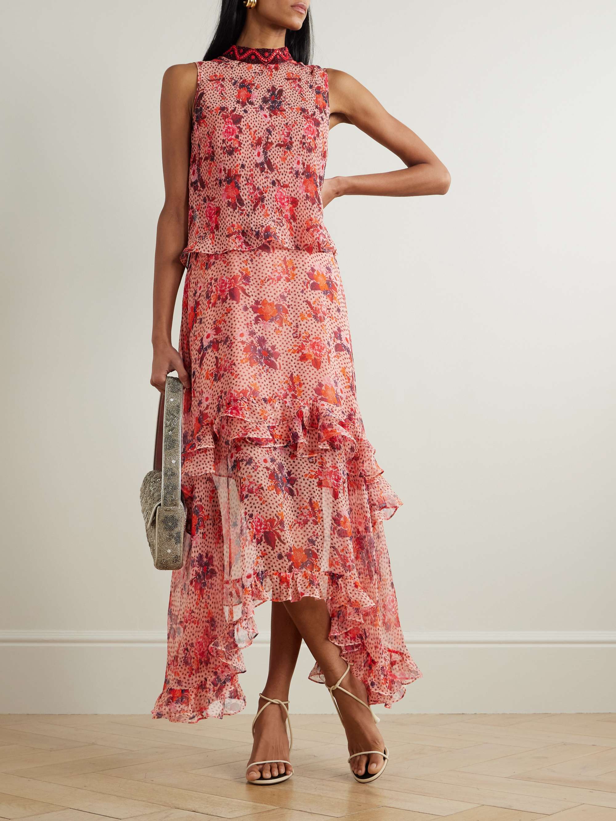 Miri ruffled beaded-embellished printed crepon dress view