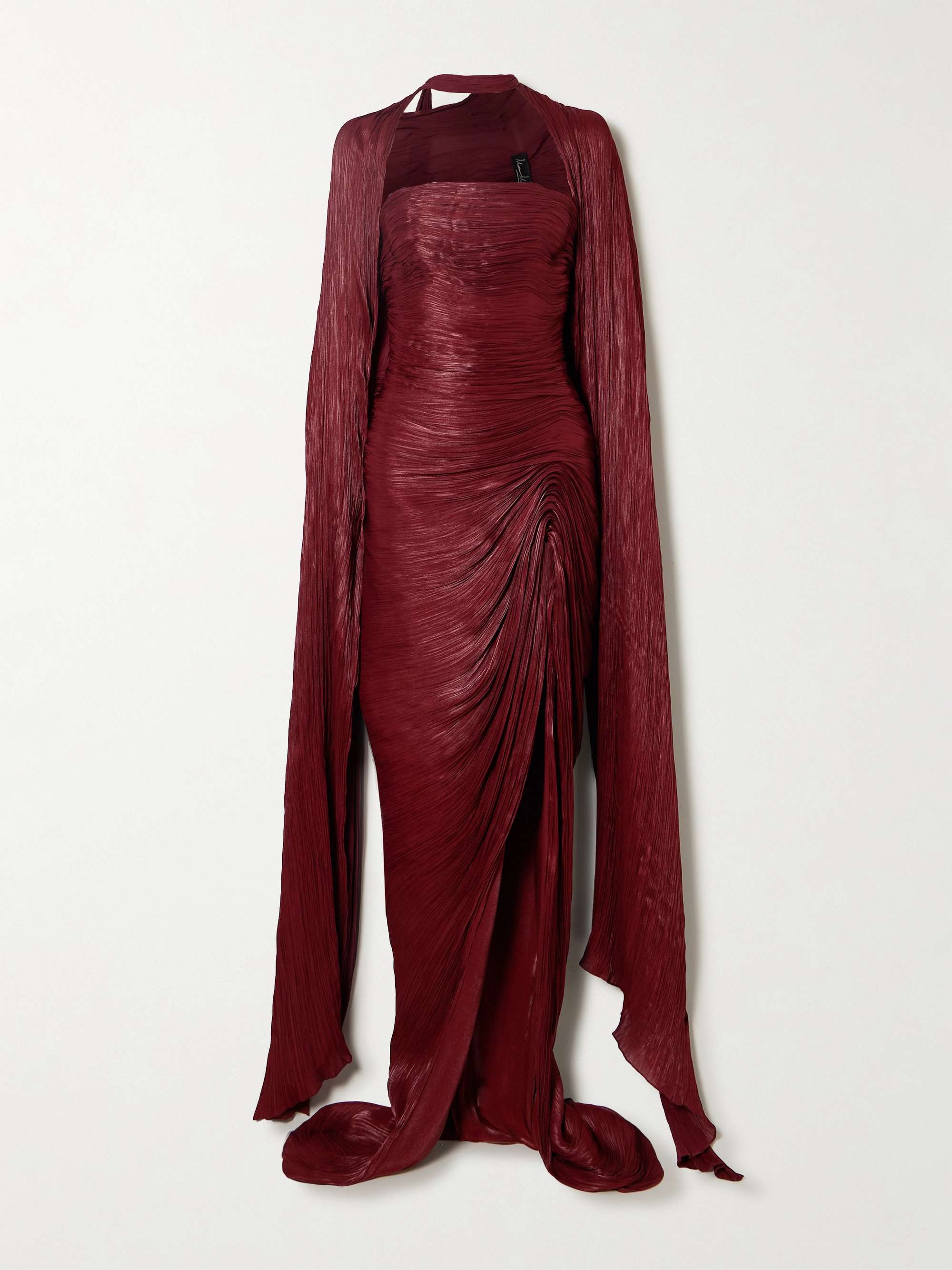 Strapless plissé silk-satin gown and cape view