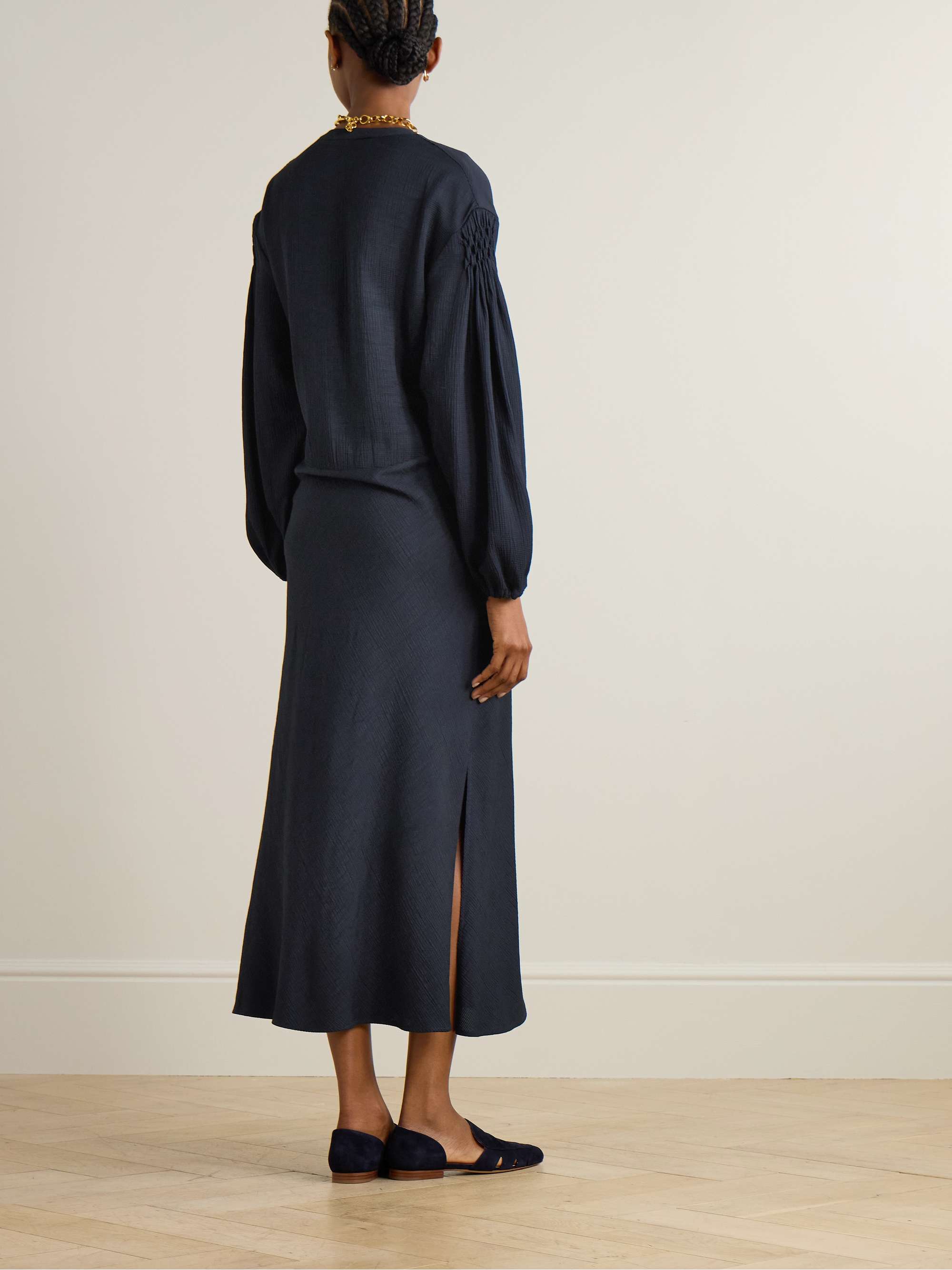 Smocked LENZING™ ECOVERO™, ENKA® and wool-blend midi dress view