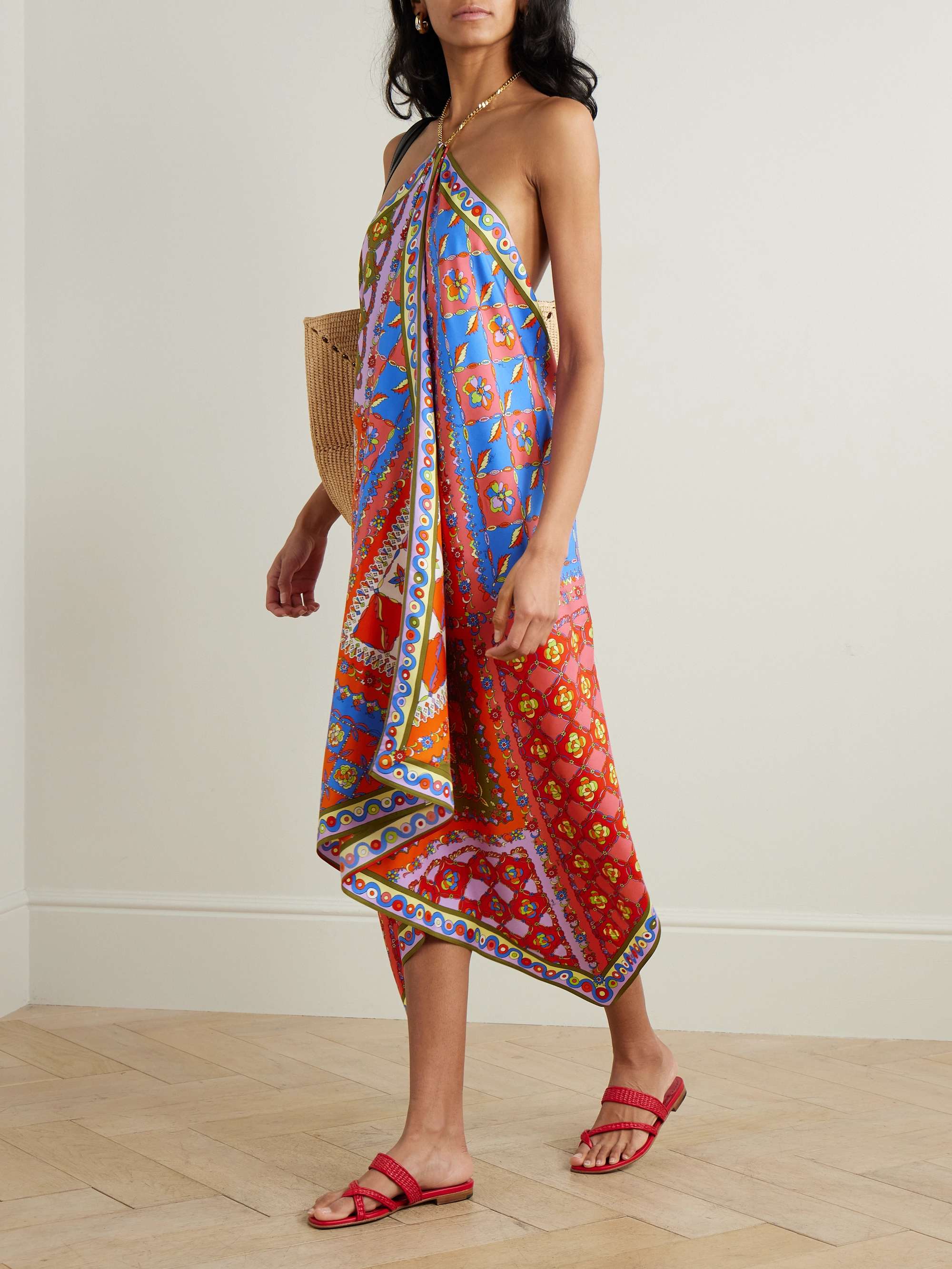 Asymmetric printed silk-twill halterneck midi dress view