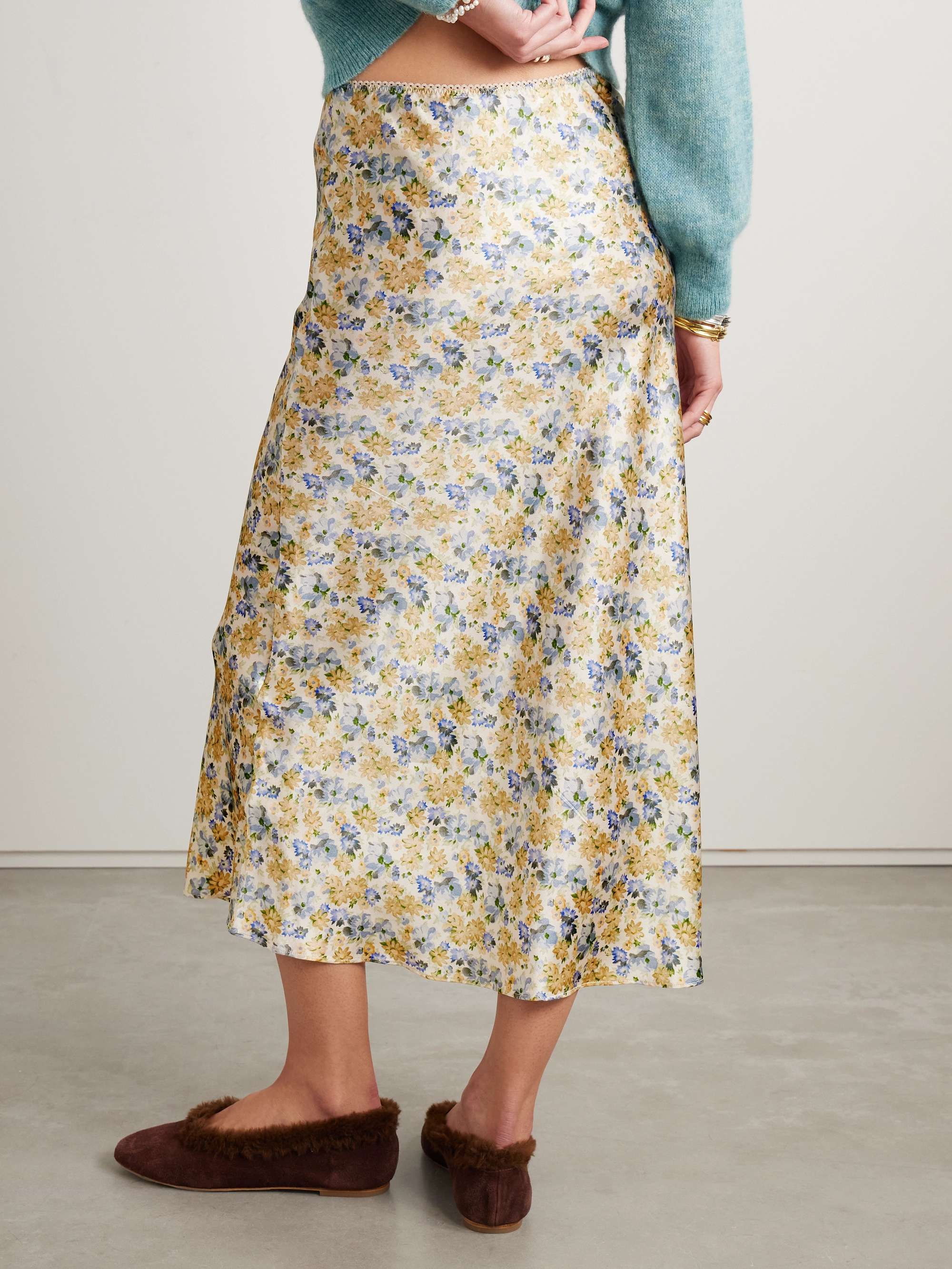 Elowen picot-trimmed floral-print silk-charmeuse midi skirt view
