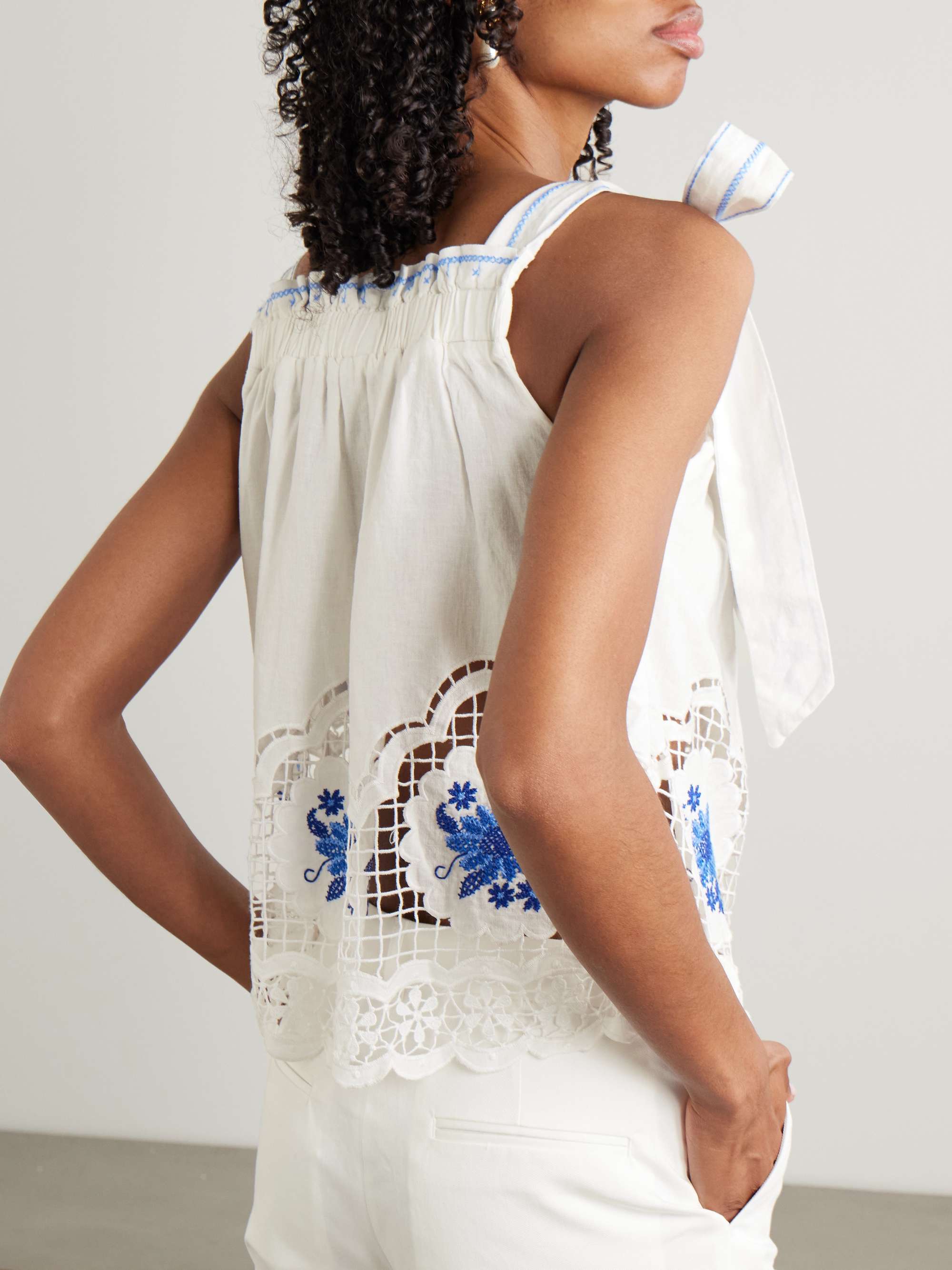 Daisy embroidered linen-blend gauze and lace top view
