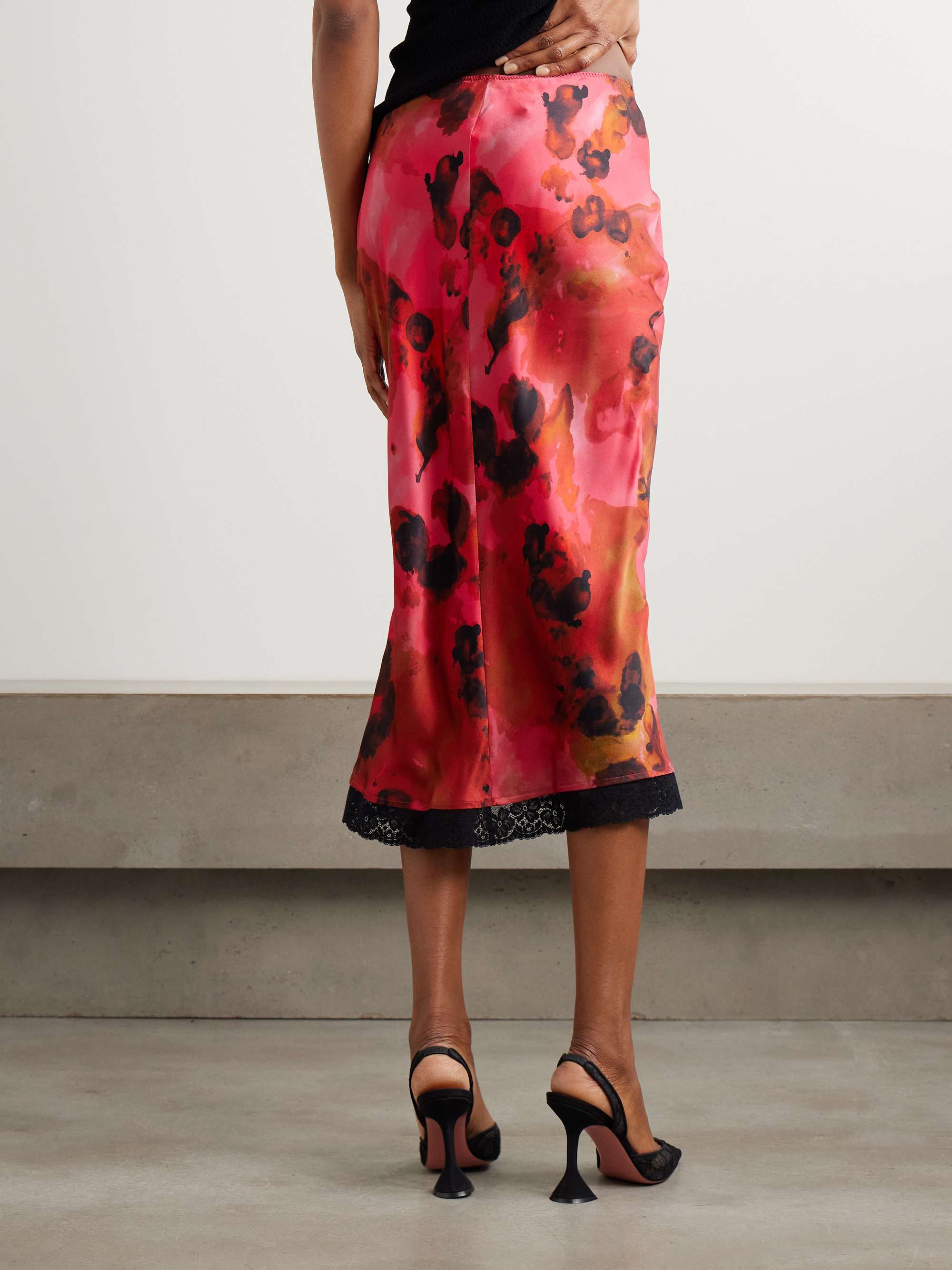 Lace-trimmed floral-print silk-satin midi skirt view
