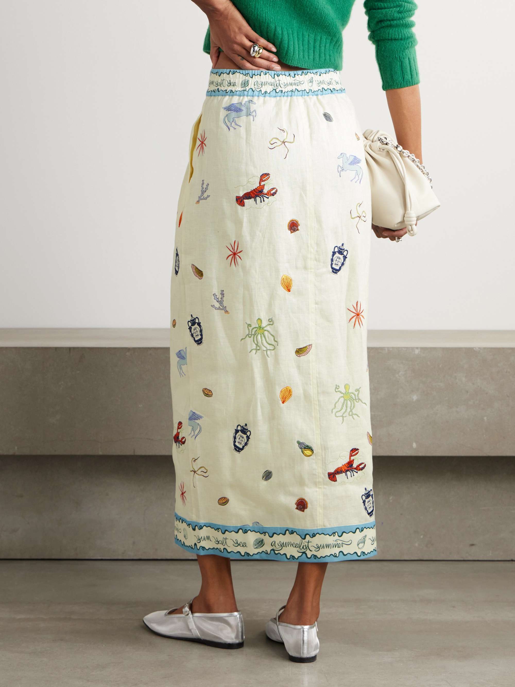 Sandy embroidered printed linen midi skirt view