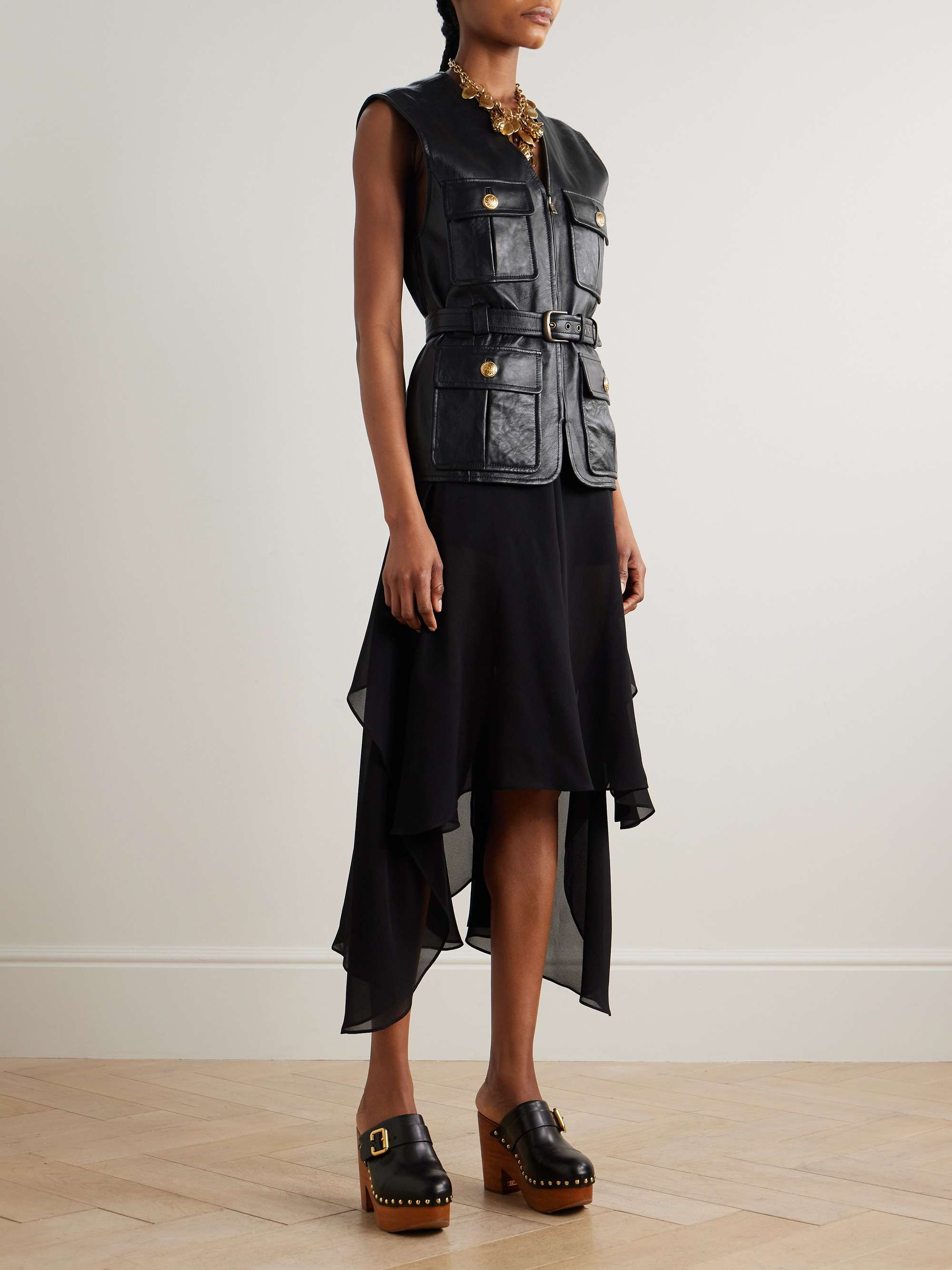 Belted leather vest view
