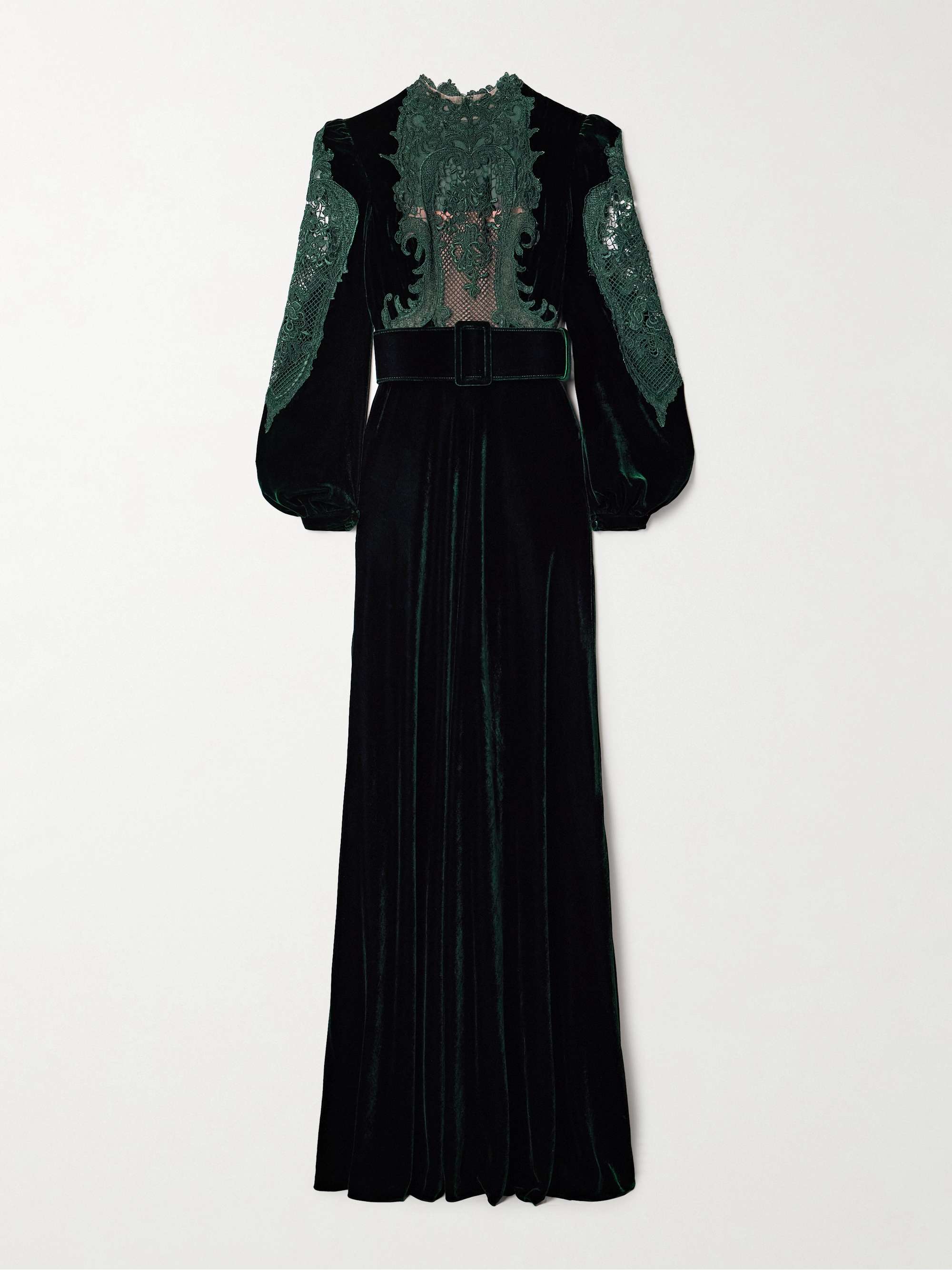 Belted corded lace-trimmed velvet gown view