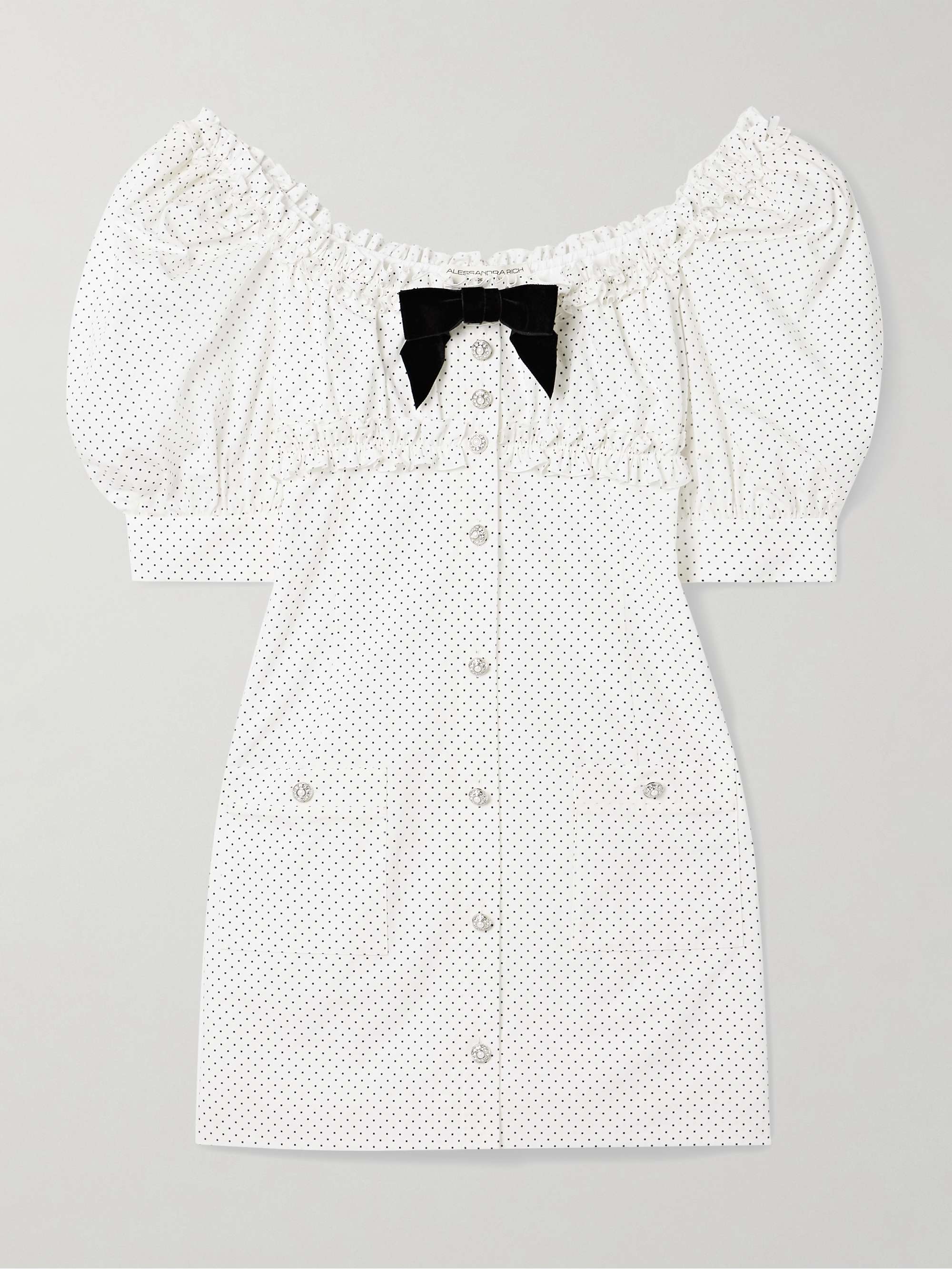 Velvet-trimmed ruffled polka-dot cotton-poplin mini dress view