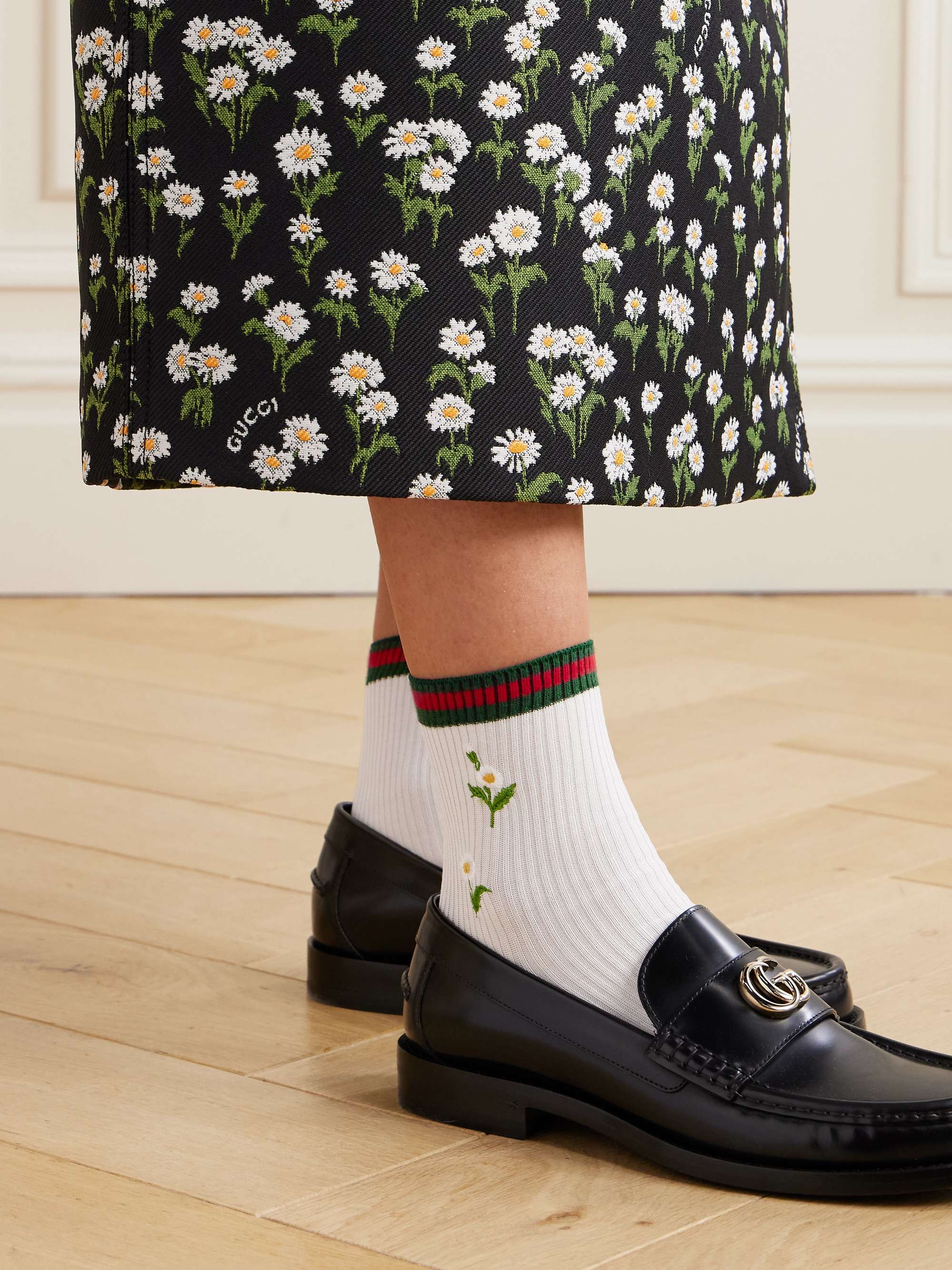 Embroidered striped ribbed cotton-blend socks view