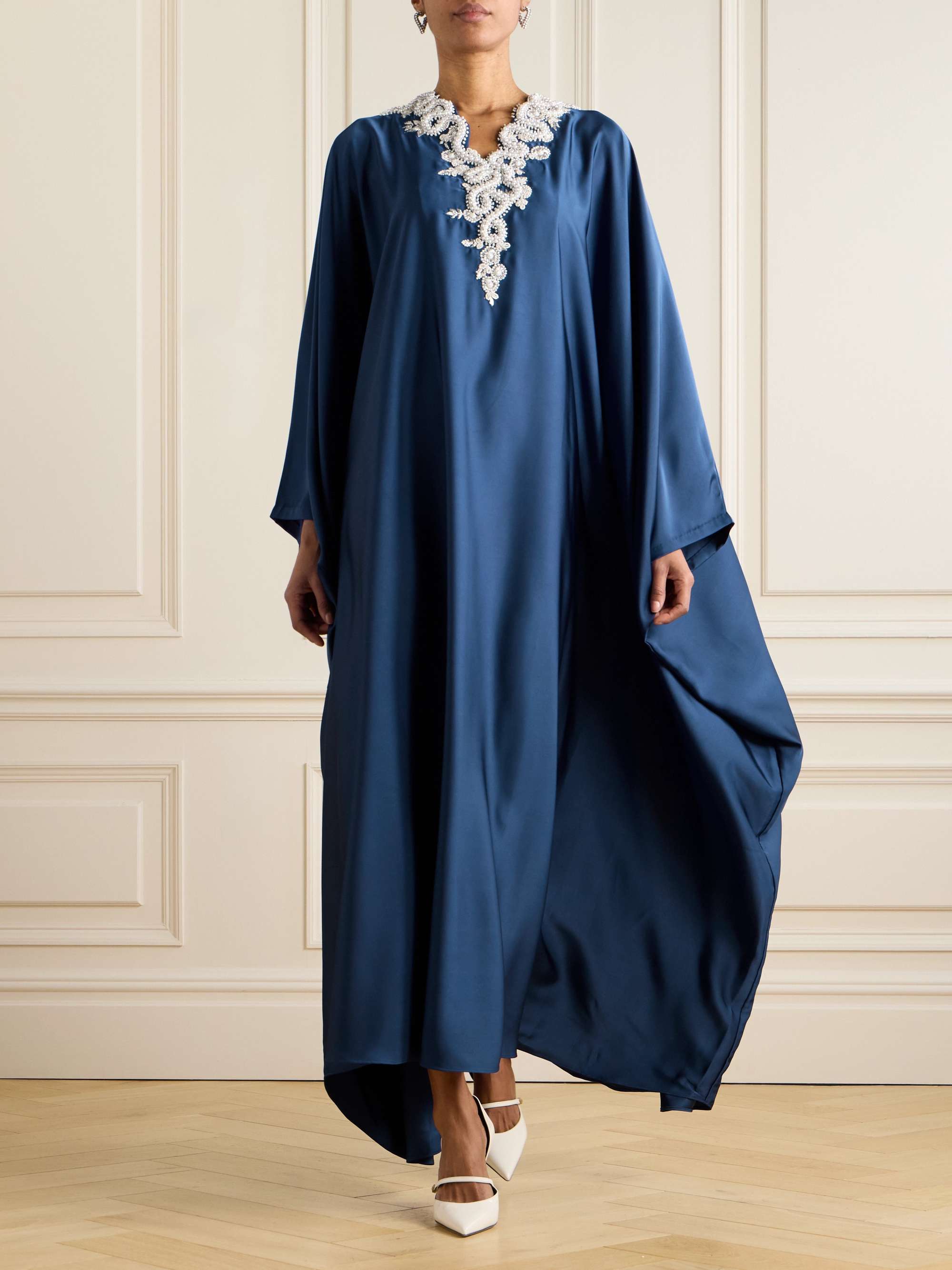Faux pearl-embellished embroidered twill gown view