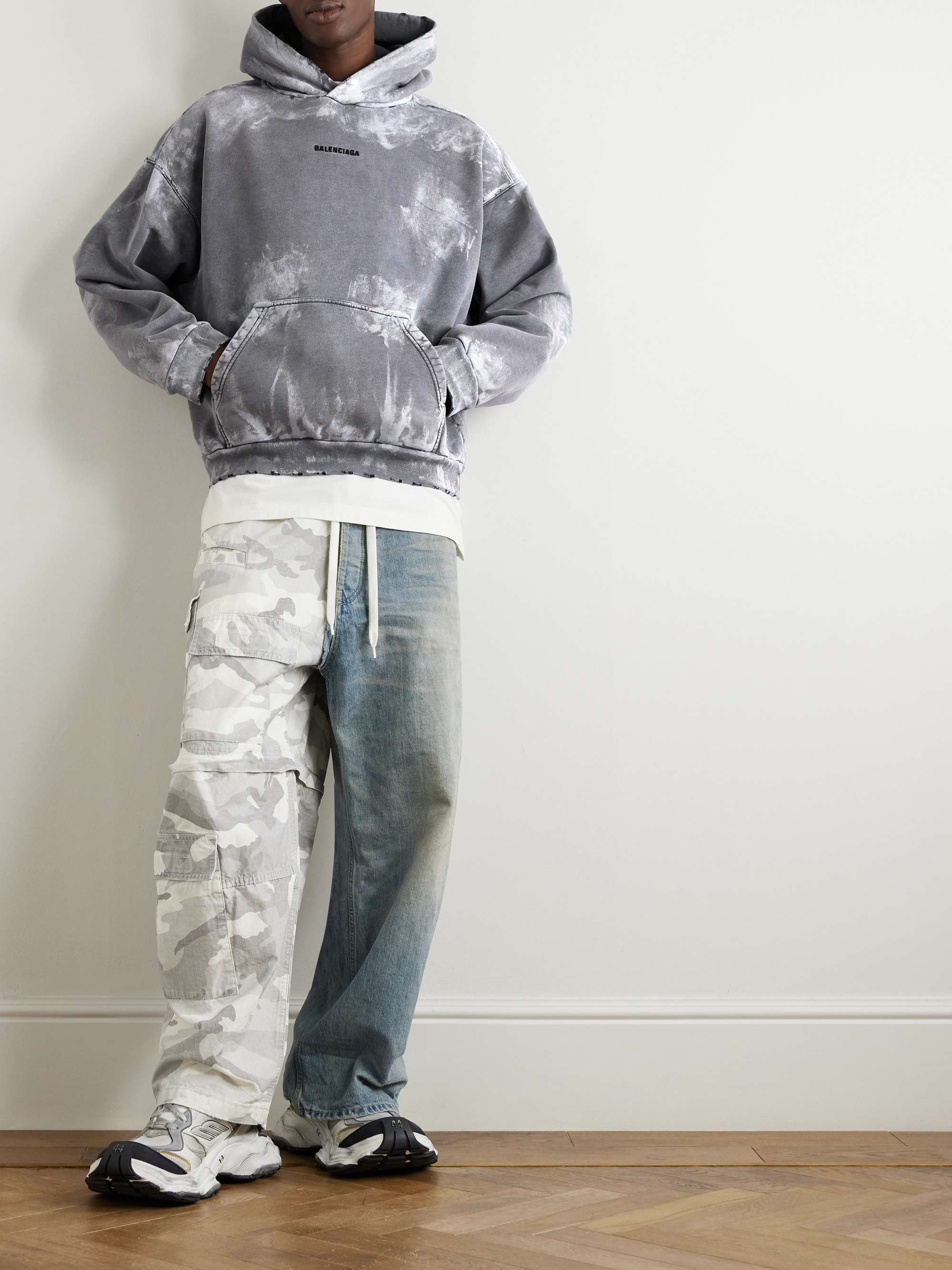 Logo-Print Distressed Paint-Splattered Cotton-Jersey Hoodie view