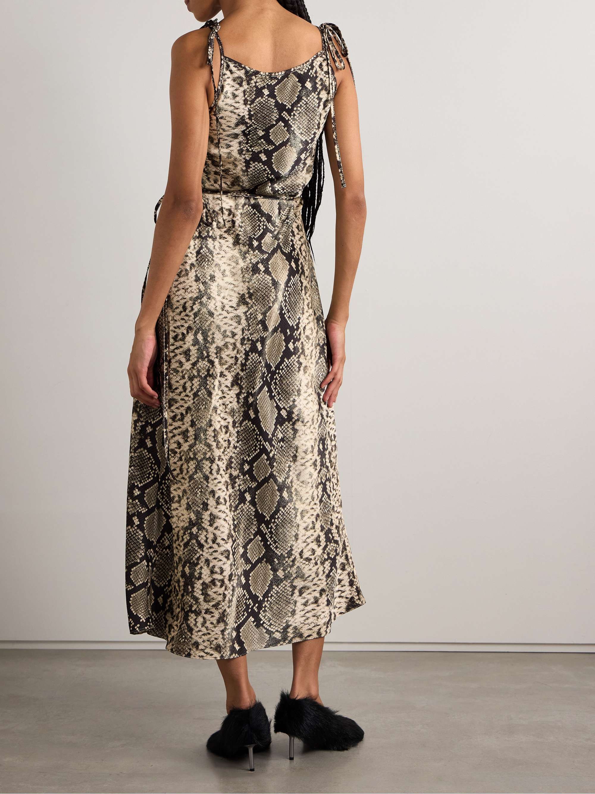 Wrap-effect draped snake-print hammered-satin midi dress view