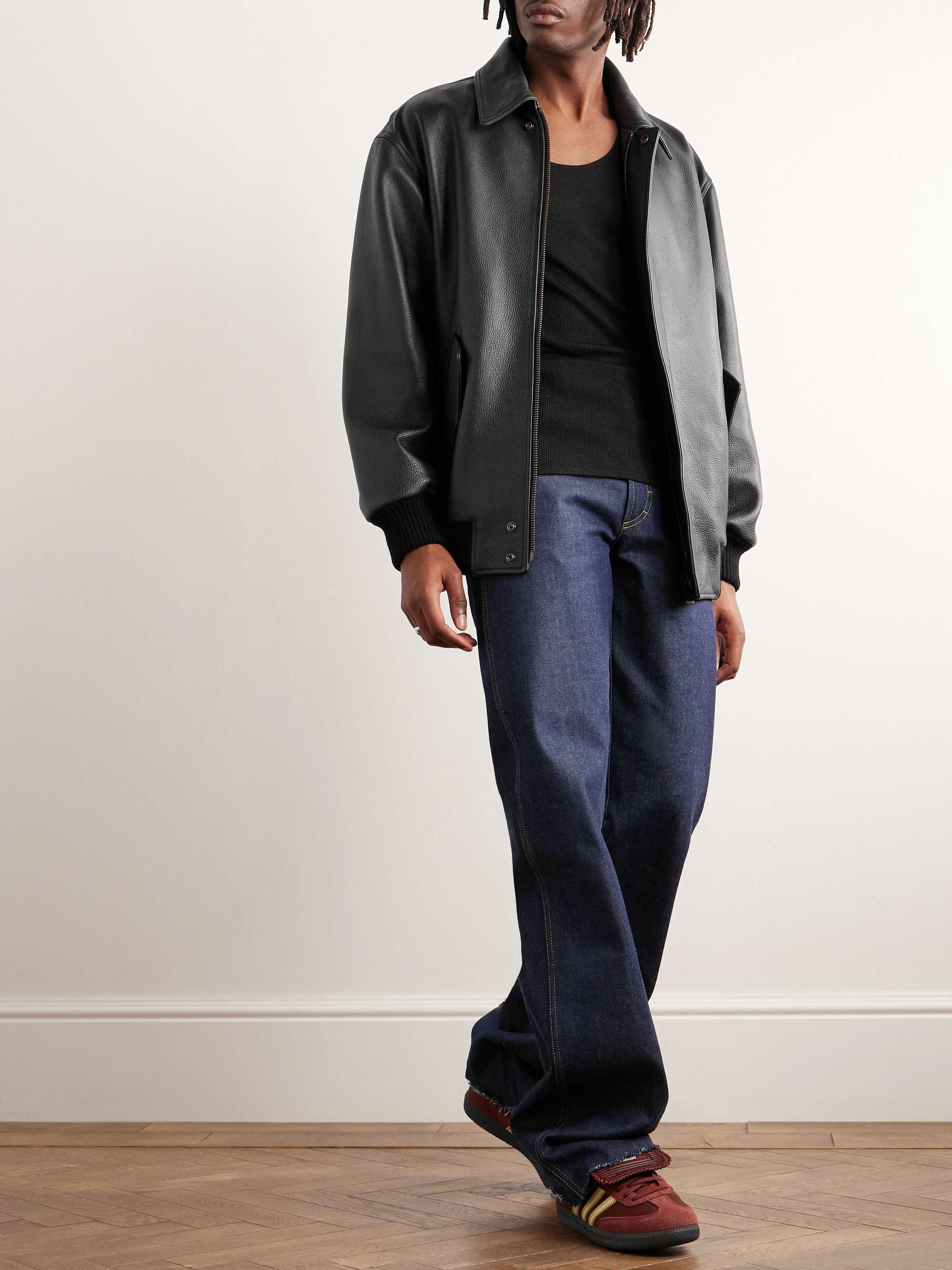 Textured-Leather Bomber Jacket view