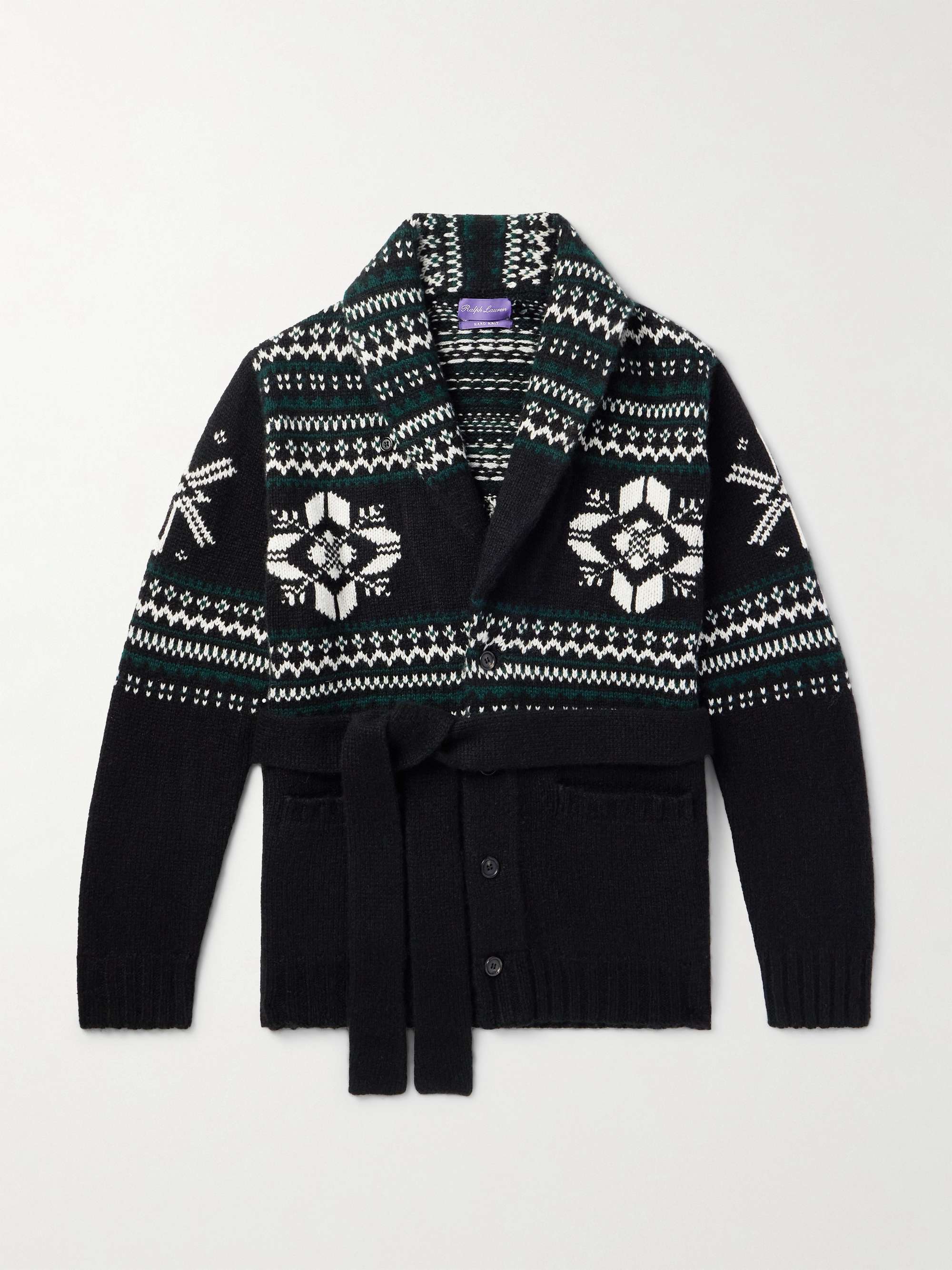 Shawl-Collar Belted Jacquard-Knit Cashmere Cardigan view