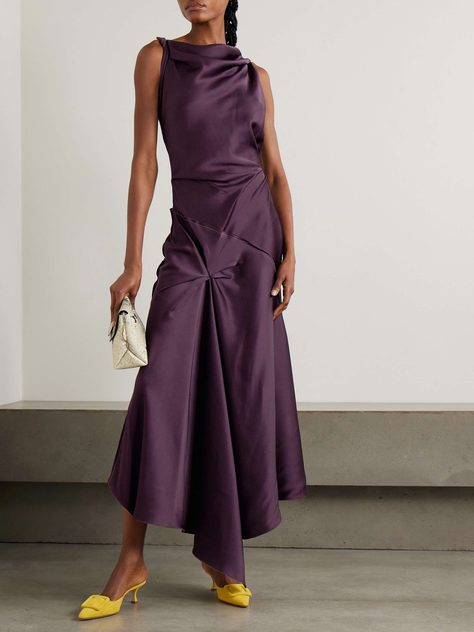 Asymmetric paneled draped gathered satin midi dress view