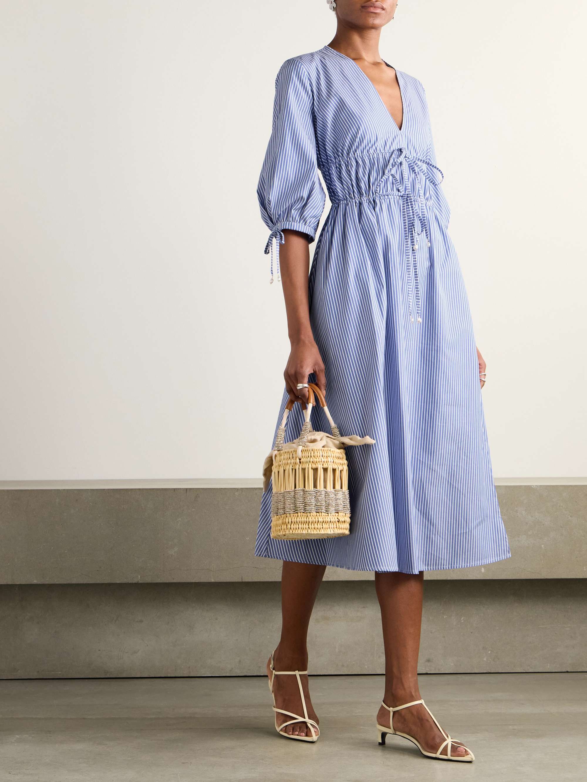 Donrine faux pearl-embellished tie-detailed striped cotton midi dress view